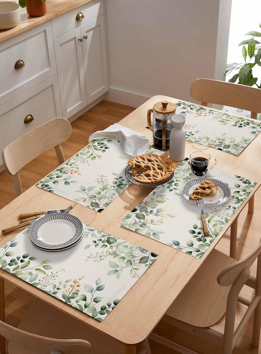 Retro Eucalyptus Leaves Placemats Set of 6 Sage Green Leaf Summer Plants Linen 13x19 Inch Washable Non Slip Linen Table Mats, Rustic Summer Placemats for Dining Table Party Kitchen Decor
