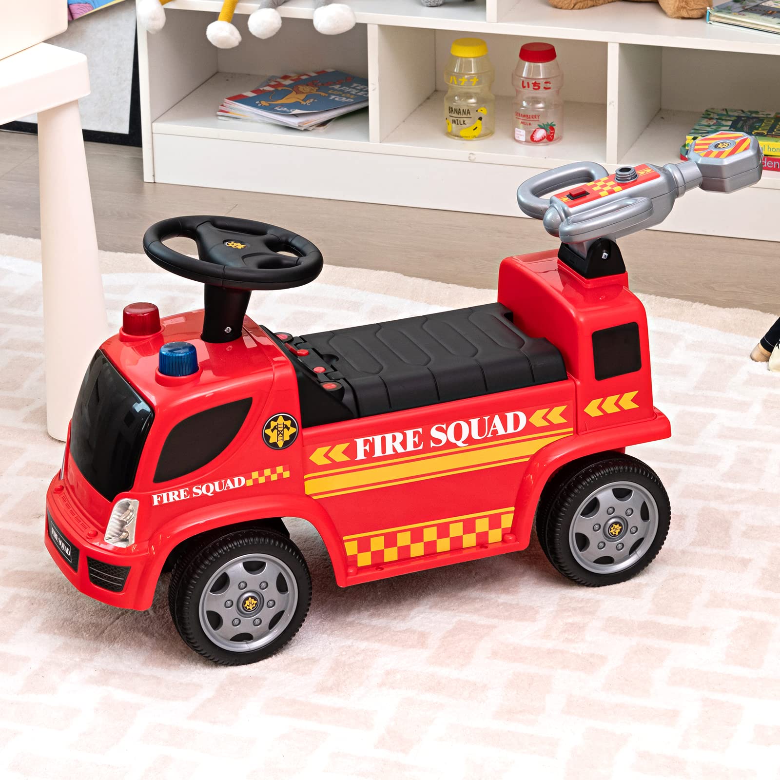 COSTWAY Giocattolo Cavalcabile a Spinta per Bambini, Camion dei Pompieri per Bambini con Funzione Bolla Musica Luci Allarme, per 18-36 Mesi (Rosso,1)