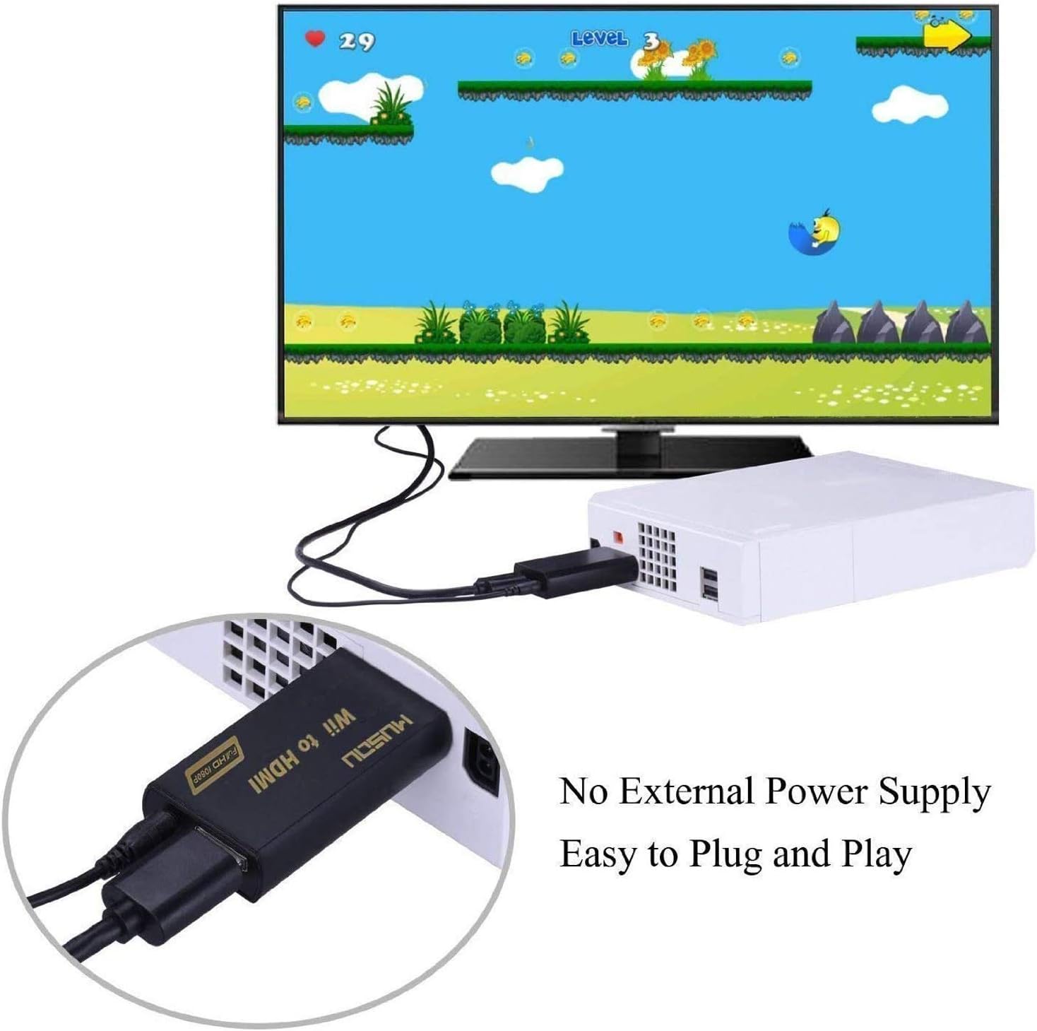 Musou Wii to HDMI Converter with 3,5mm Audio Jack,Wii HDMI Converter Compatible with Nintendo Wii,Wii U, HDTV, Monitor-Supports All Wii Display Modes 720P