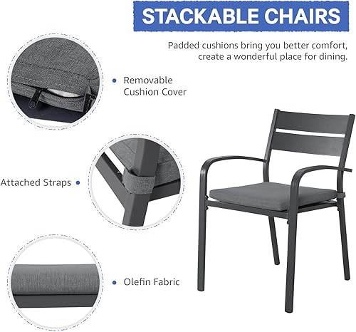Miniatura 5 de Soleil Jardin Sillas de comedor de aluminio para exteriores de 4 piezas con cojines, sillas apilables para balcón, jardín, patio, acabado gris