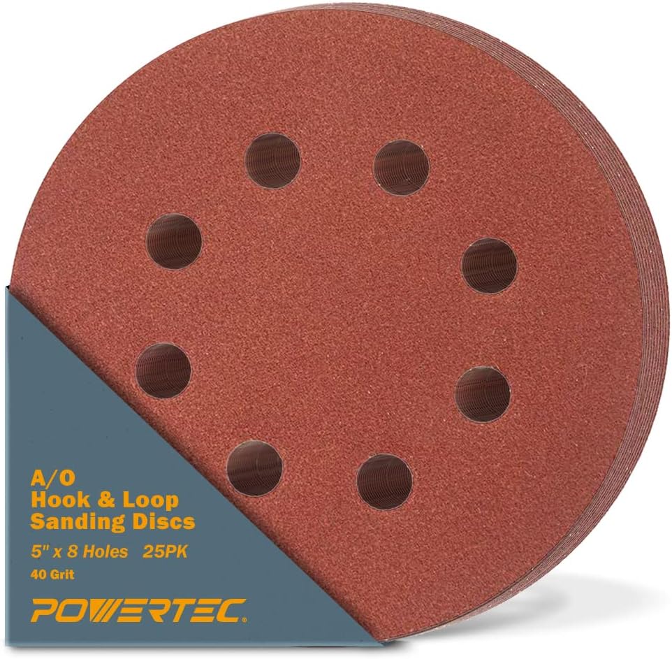 POWERTEC 45004 5 Inch 8 Hole Hook and Loop Sanding Discs, 40 Grit, 25PK