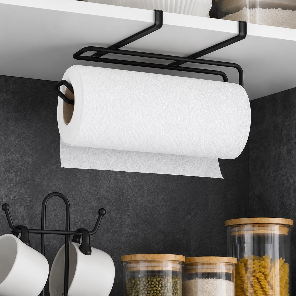 Alper Banyo Pratik Solo Havluluk Siyah, Dolap Altı Kağıt Havlu Tutucu, Delmeden Montajlı Mutfak Rulo Havluluk, Askılı Metal Düzenleyici