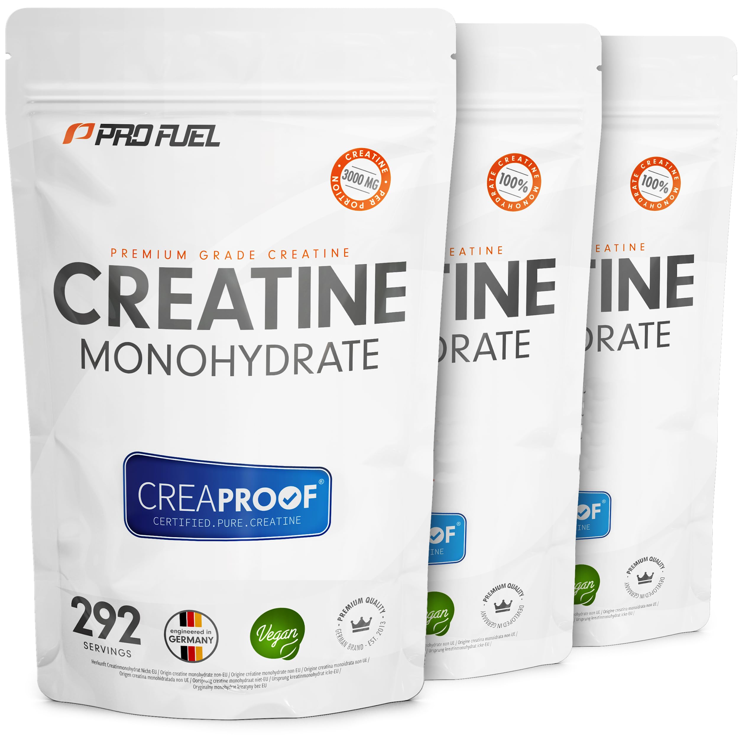 CREAPROOF® Creatin Monohydrat 3000g - Creatin mit erstklassiger Reinheit, durch unabhängige Laboranalysen bestätigt - Kreatin-Monohydrat mit 3 g Creatin pro Portion - 100% vegan - 3x 1000g