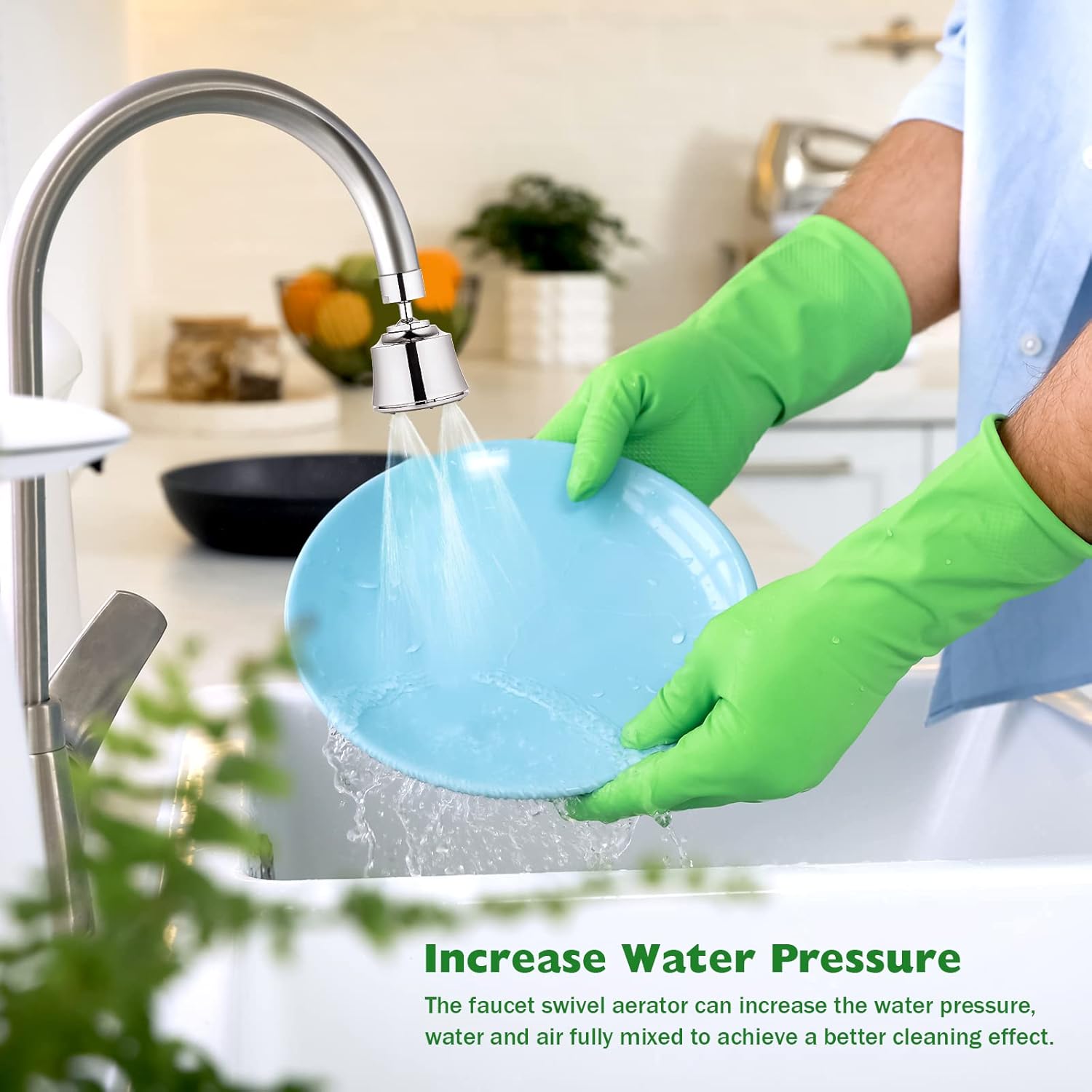 Houtingmaan Kitchen Sink Faucet Aerator with 2 Ball Joint, Big Angle Swivel Faucet Head Replacement with 4 Spray Models, 55/64-27UNS Famale Thread - Chrome