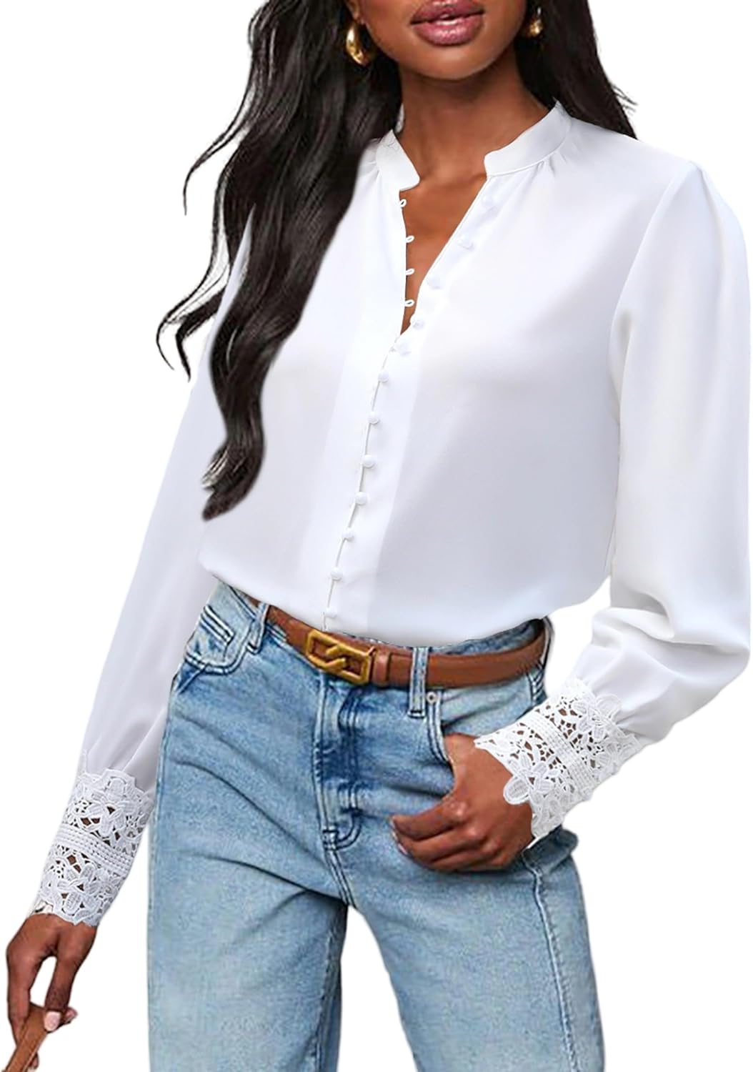 Neweek Womens Button Down Shirts Lace Cuff Long Sleeve Chiffon Dressy Tops Band Collar Fall Business Casual Blouses 2025