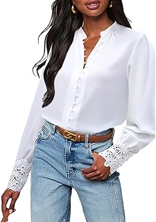 Womens Button Down Shirts Lace Cuff Long Sleeve Chiffon Dressy Tops Band...