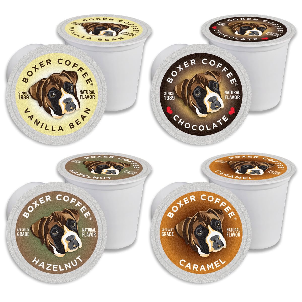 Boxer Coffee Cozy Classics Variety Naturally Flavored Pods compatible with Keurig K-Cup, 48 count - Vanilla, Chocolate, Hazelnut, Caramel