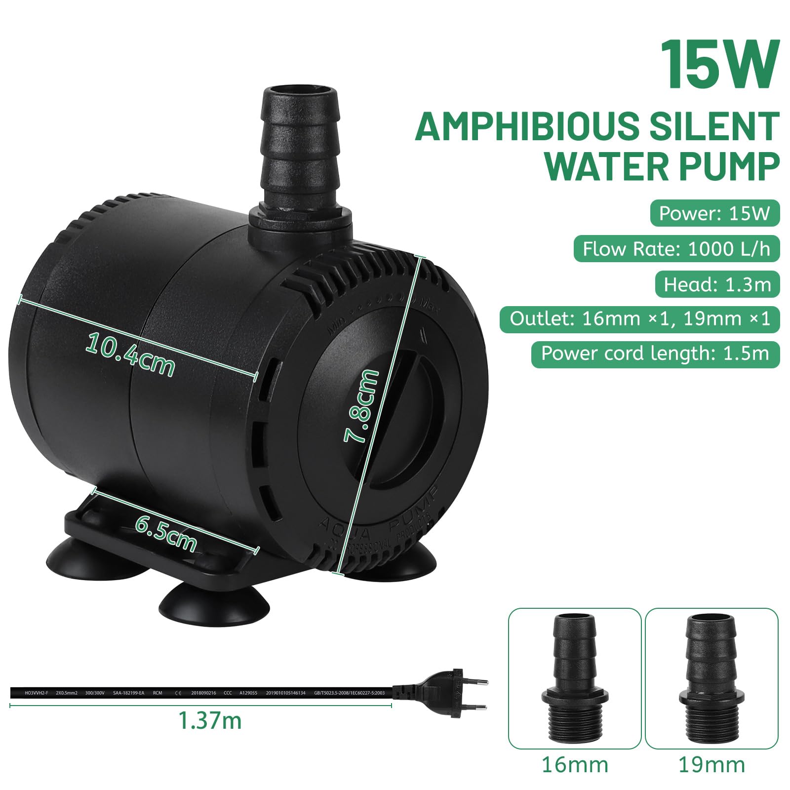 DBREAKS Aquarium Wasserpumpe 15W 1000L/H, Ultra Leise Unterwasserpumpe Springbrunnen Pumpe Klein, Tauchpumpe mit Einstellbarem Durchfluss, 1,5m Kabel und 2 Düsen für Teiche, Brunnen