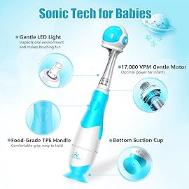 Toddler Electric Toothbrush Kids Age 1-2-3 Years Old, Infants & Baby Electric Toothbrush with Finger Tooth Brush, Cute Cover, LED Light, 2 Minutes Timer, 4 Brush Heads, Suction Cup (Blue Astronaut)