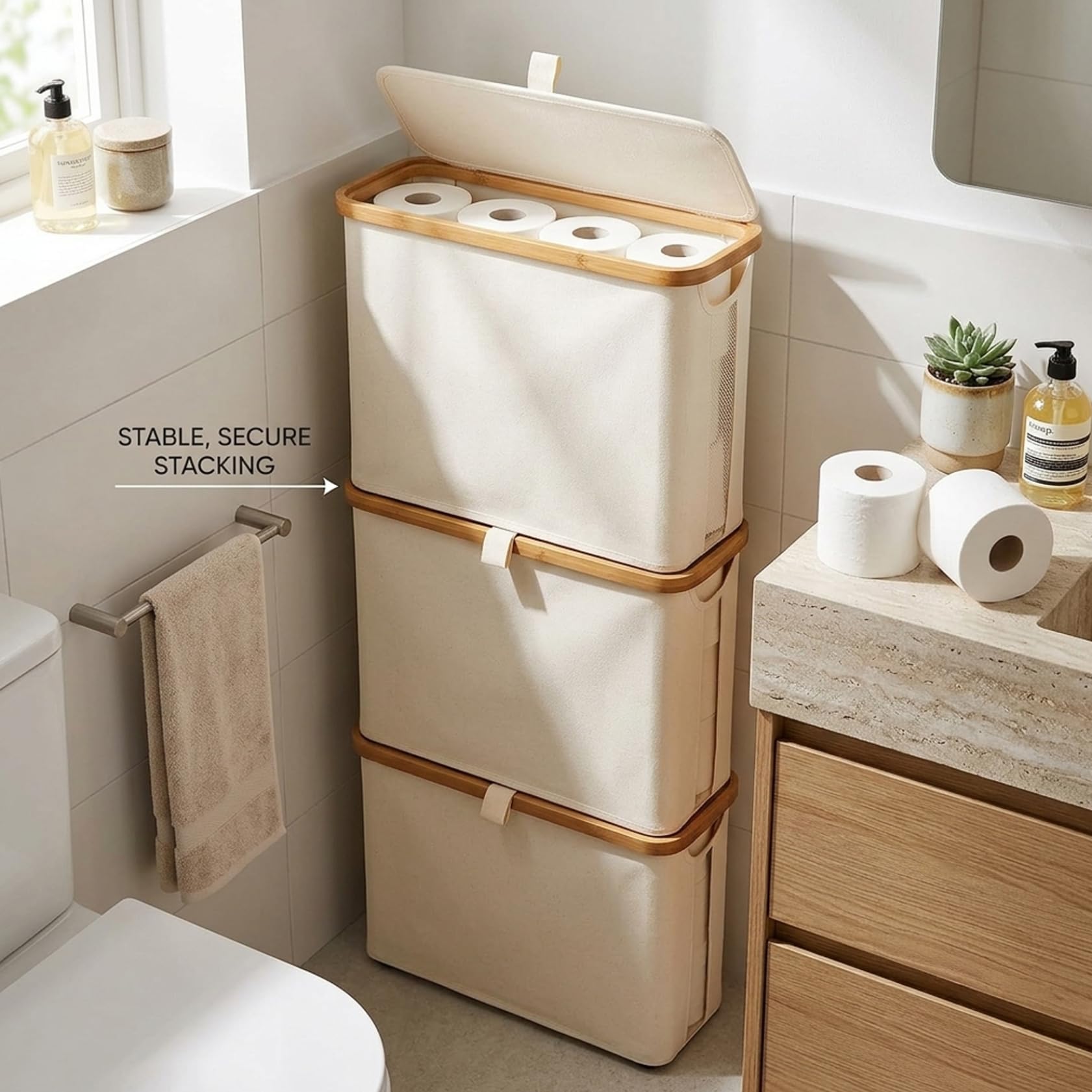 Almacenamiento de papel higiénico, cesta apilable de 12 rollos para pañuelos de baño con tapa de bambú, almacenamiento de papel blanco que ahorra espacio para el hogar organizado, cesta de inodoro