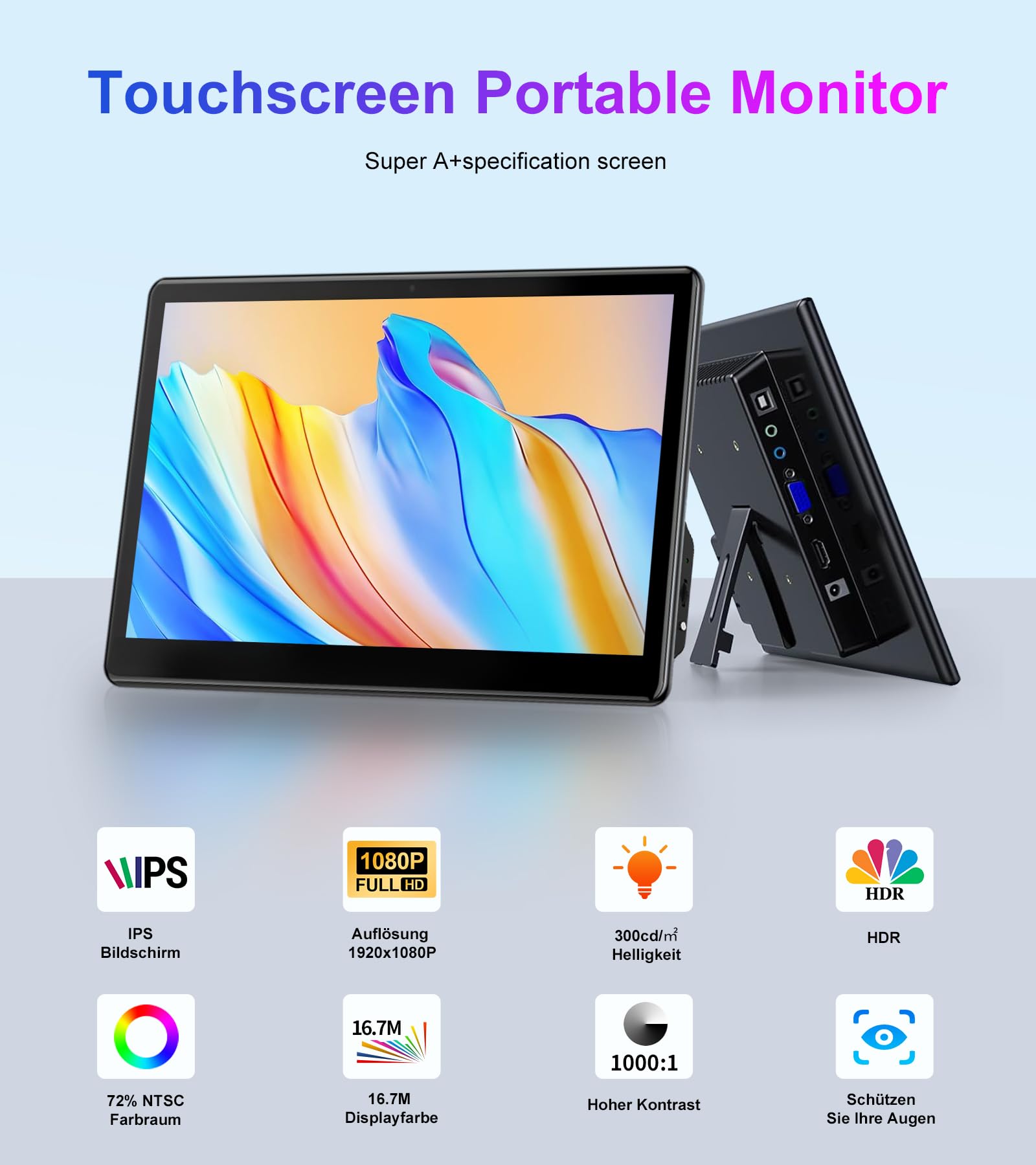 Écran Tactile Portable 13,3 Pouces FHD 1920 × 1080 IPS Moniteur Tactile pour Ordinateur Portable HDMI VGA Plug & Play Support VESA Compatible avec Les Ordinateurs Portables PC Mac