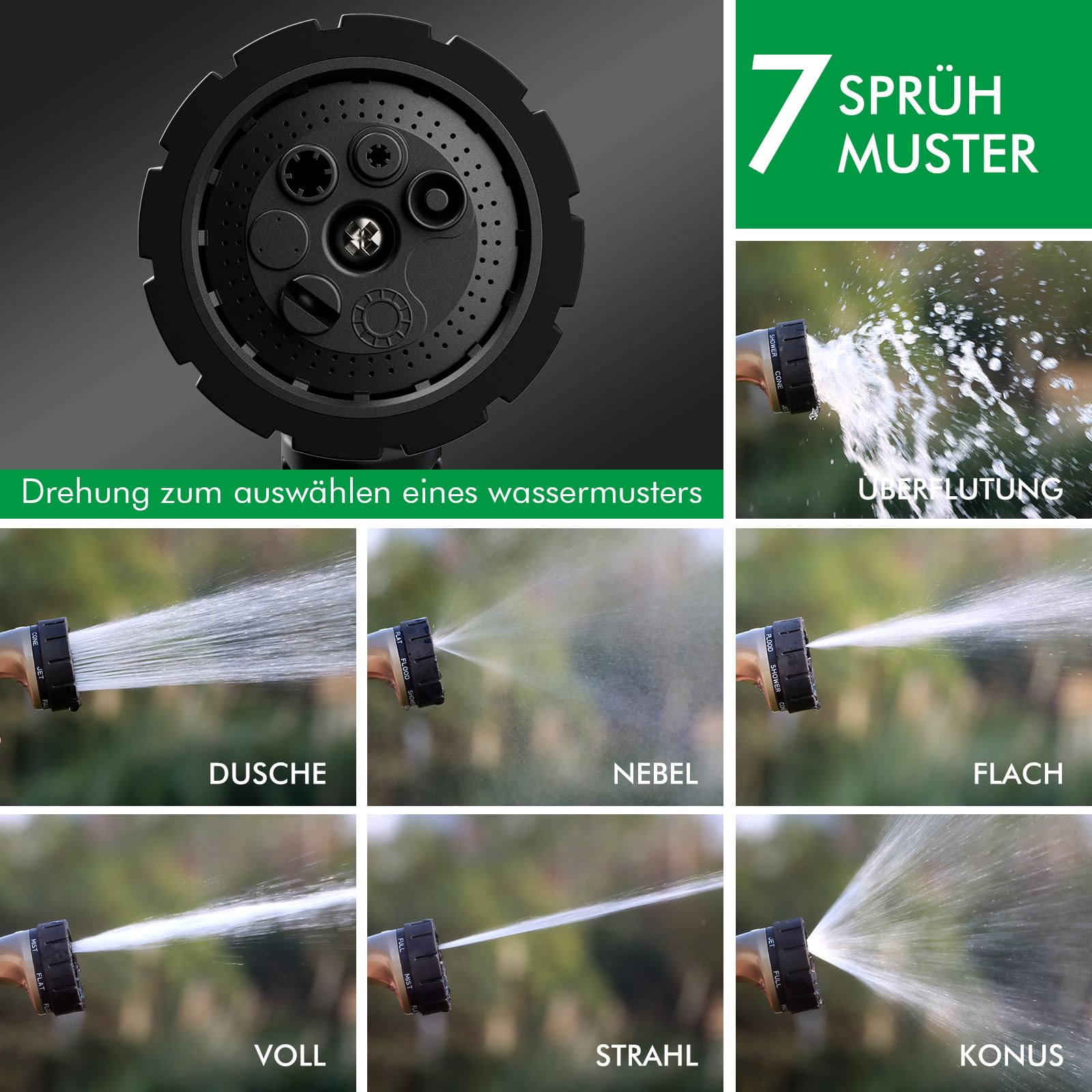 RESTMO Gartenbrause Metall Heavy Duty, Robuste Garten Wasserspritze zum Reinigen und Bewässern, Hochdruck Gartenschlauch Düse 7 Muster für Garten Bewässerung, Autowaschen