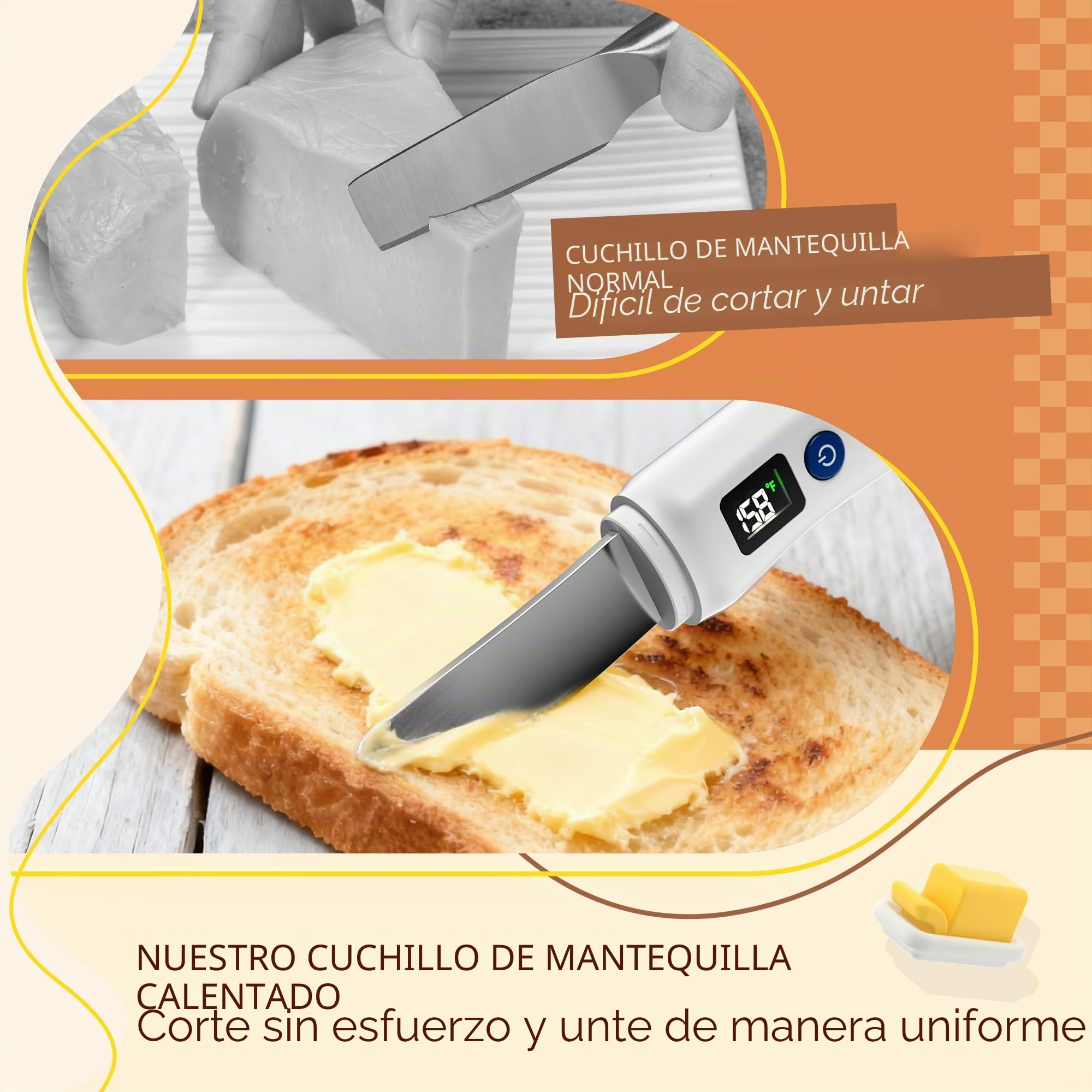 Cuchillo Esparcidor con Calor, Eléctrico Inteligente Cuchillo Cortador Mantequilla Acero Inoxidable, Temperatura Ajustable (55 °C/70 °C), Resistente al Agua, Recargable, para Mantequilla Dura, Queso