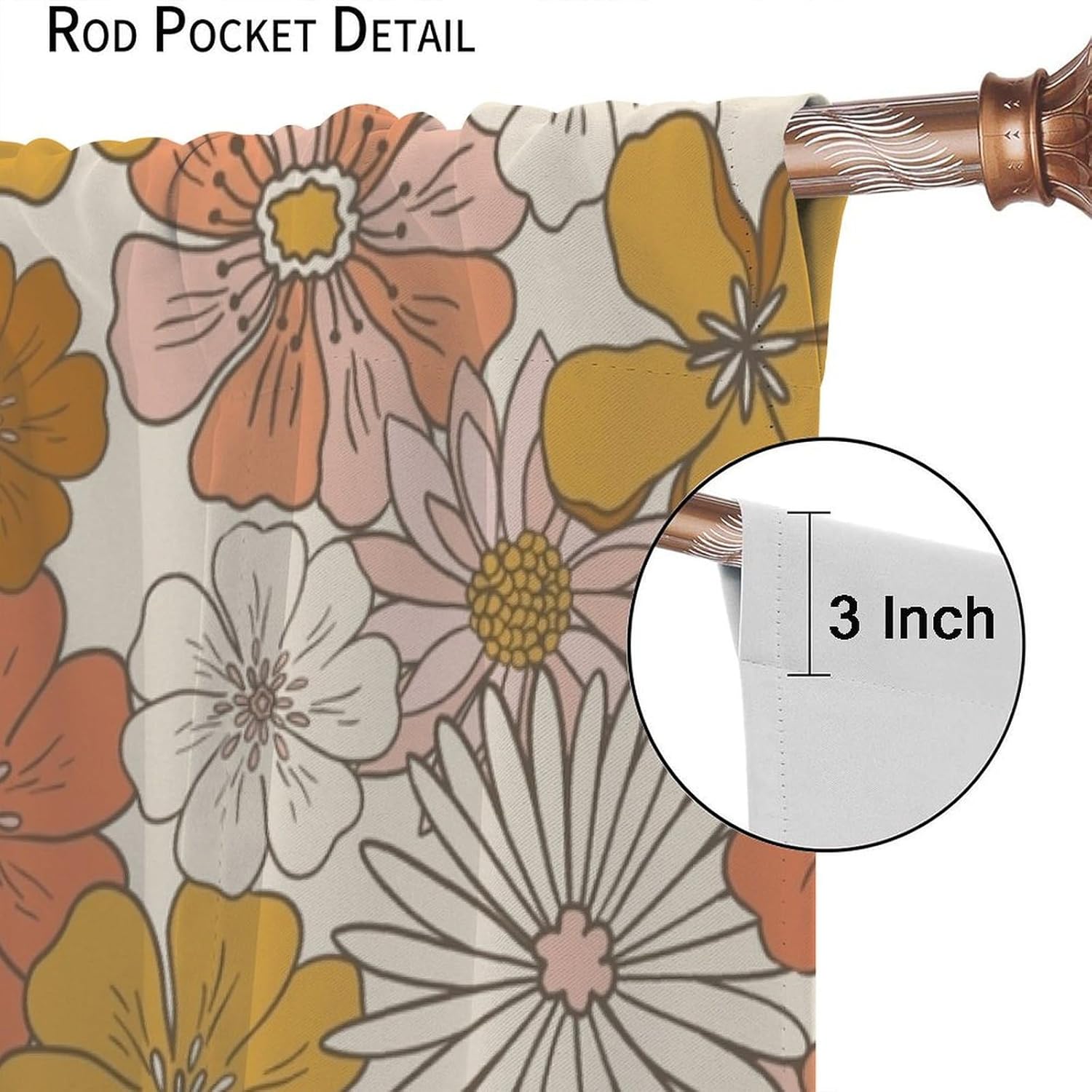70s 60s Flower Floral Curtains, Retro Cute Flowers Pink Orange Abstract Boho Floral Pattern for Room Decor, Print Blackout Drapes for Living Room Bedroom Kitchen 2 Panel Set 21" W X 54" L