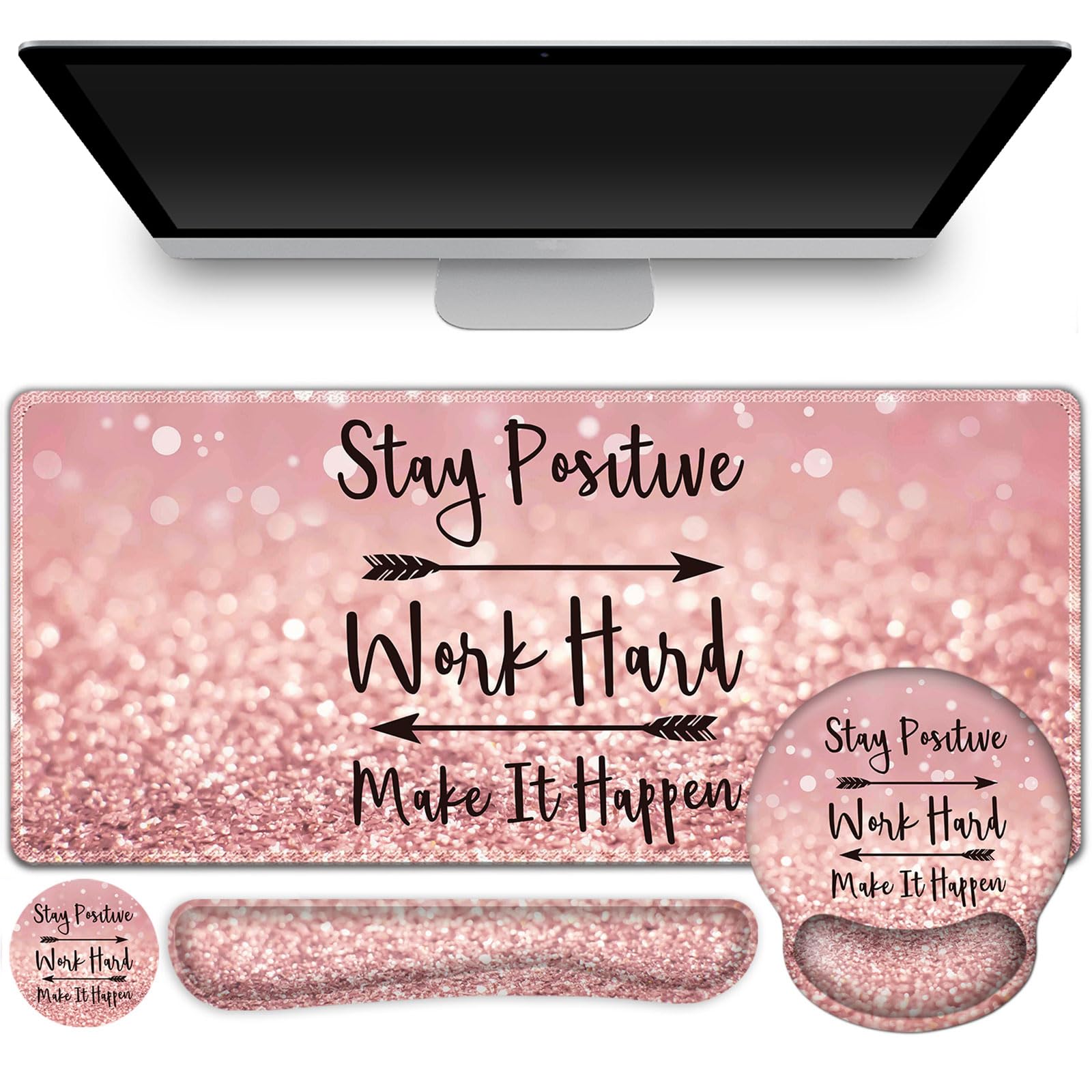 ToLuLu Mouse Pad, XXL Large Desk Mat Wrist Support Set,4 in1 Gaming Mousepad Desk Pad+ Ergonomic Mouse Pad with Wrist Rest + Keyboard Wrist Rest+Coaster for Women Home Office Table, Pink Stay Positive — image 1