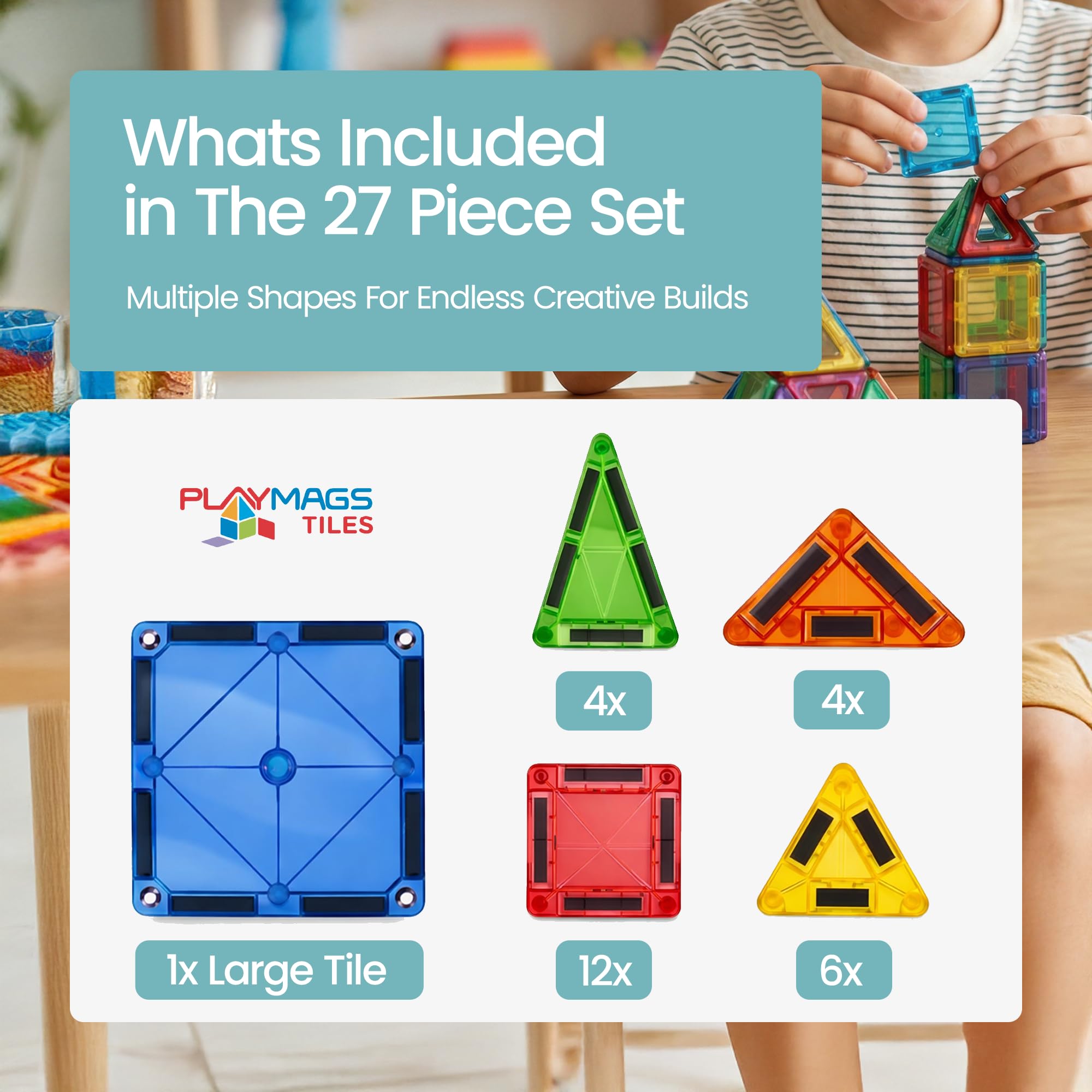 Playmags Set 100 Mini Tessere Magnetiche per Bambini | Blocchi Magnetici da Viaggio | Giocattoli Educativi Sensoriali STEM | Costruzioni Portatili | Regalo per Bambini 3+ Anni