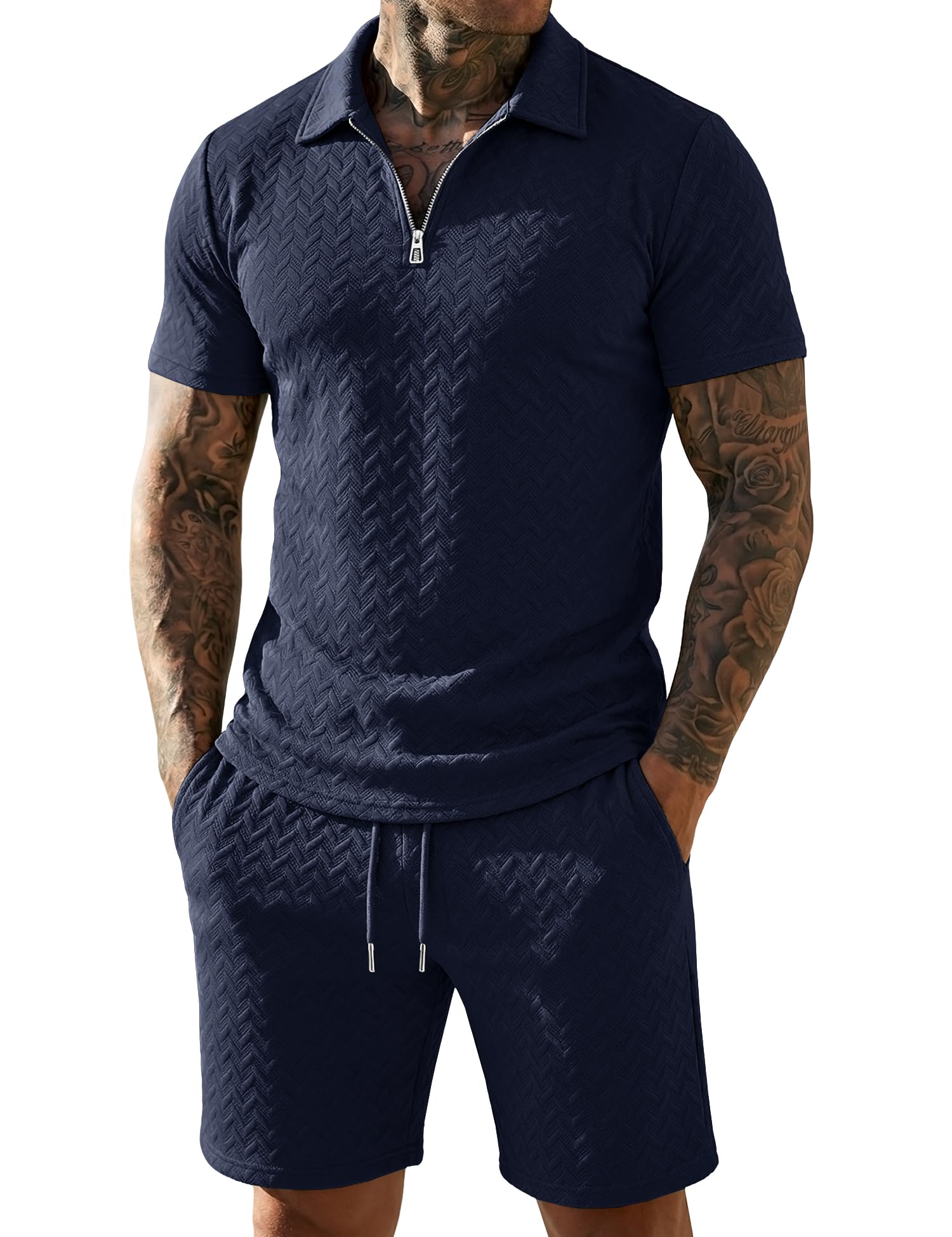 URRU Mens Textured Polo Shirt and Shorts Sets Outfits 2 Piece Summer Tracksuits Casual Quarter Zip Golf Polo Shirts