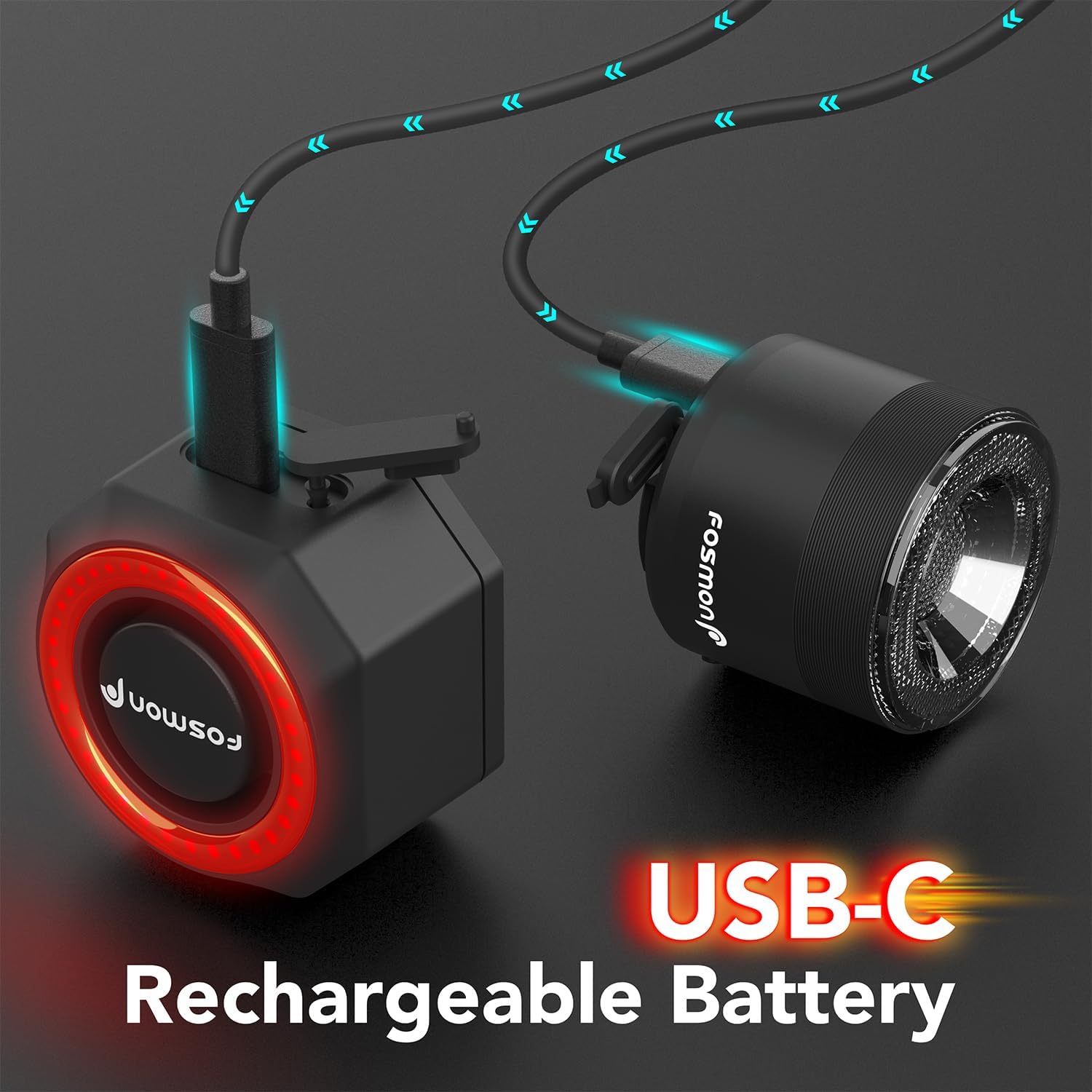 Fosmon Bike Anti-Theft Alarm and Headlight charging via USB-C cable.