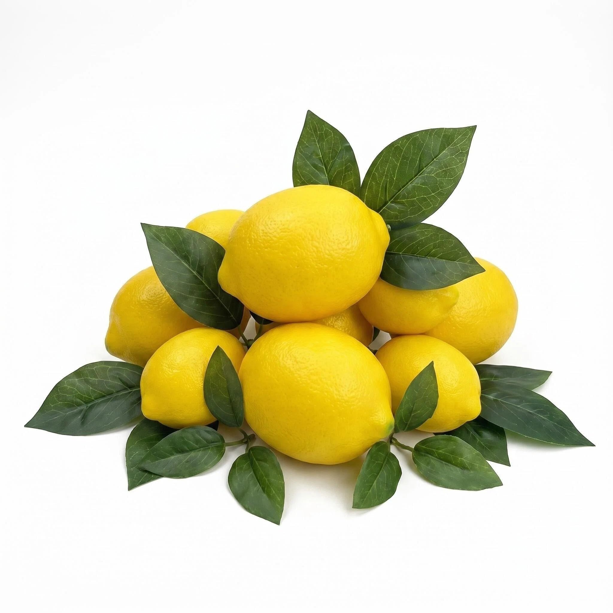 10Pcs Artificial Lemons with Leaves Lifelike Simulation Lemons Realistic Fake Fruit Yellow Lemon Decor for Home Kitchen Party Summer Fruit Bowl Vase Filler Photography Props Table Centerpiece (B)