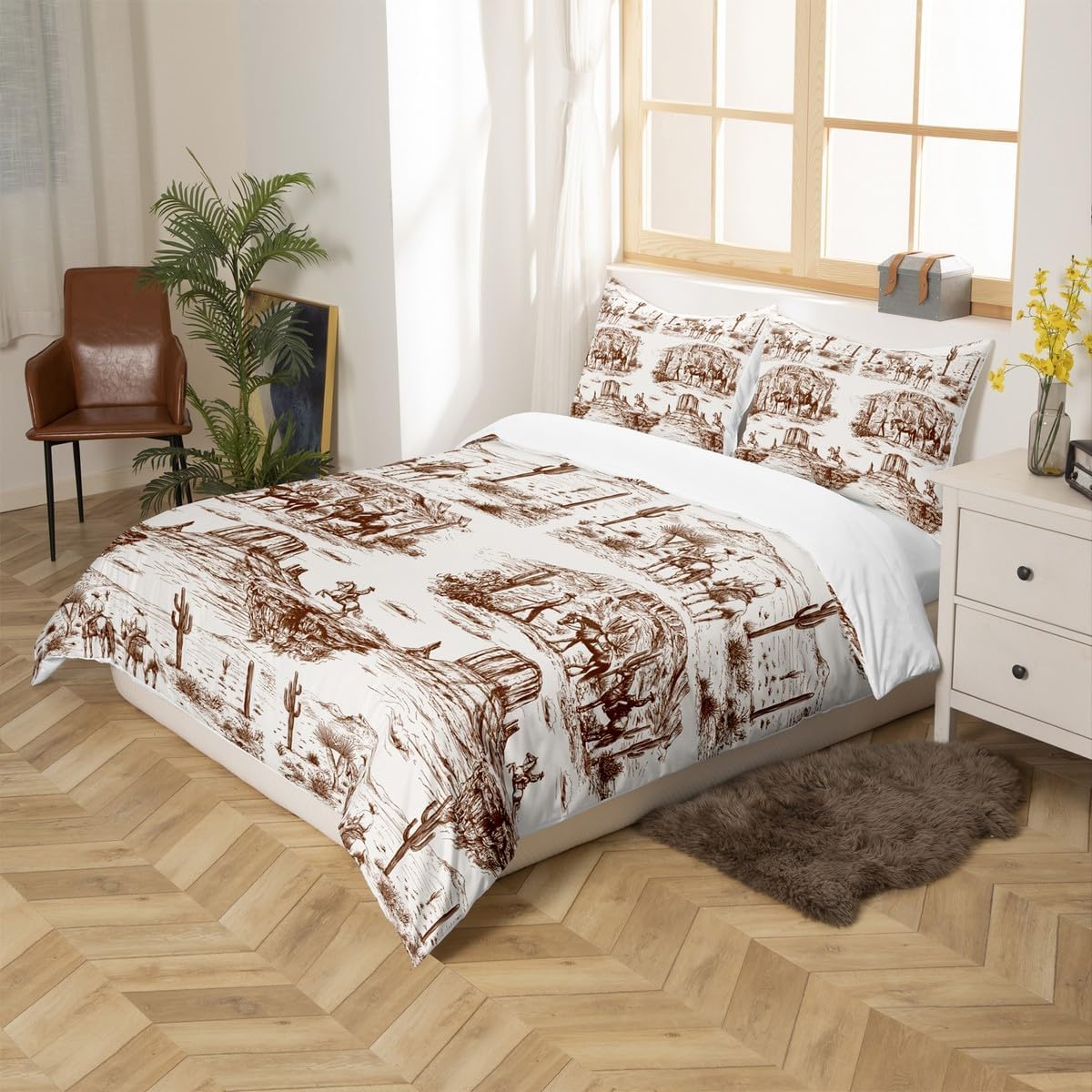 Western Cowboy Duvet Cover Set Queen Size Brown Sketch Desert Wild Horse Bedding Set 3Pcs for Kids Boys Men Girls Bedroom Decor Rustic Farmhouse Comforter Cover Animals Quilt Cover,2 Pillowcase
