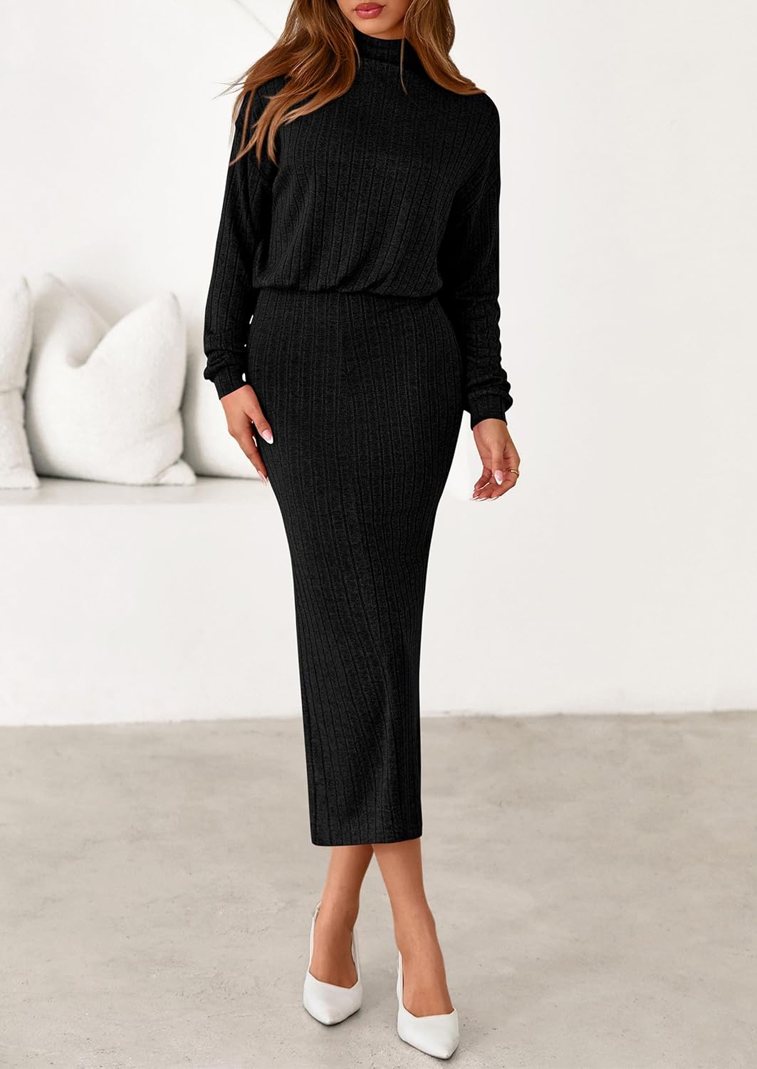 PRETTYGARDEN Turtle Neck Dresses for Women 2026 Fall Knit Outfits Slit Elastic Waist Long Sleeve Bodycon Midi Sweater Dress - Image 7