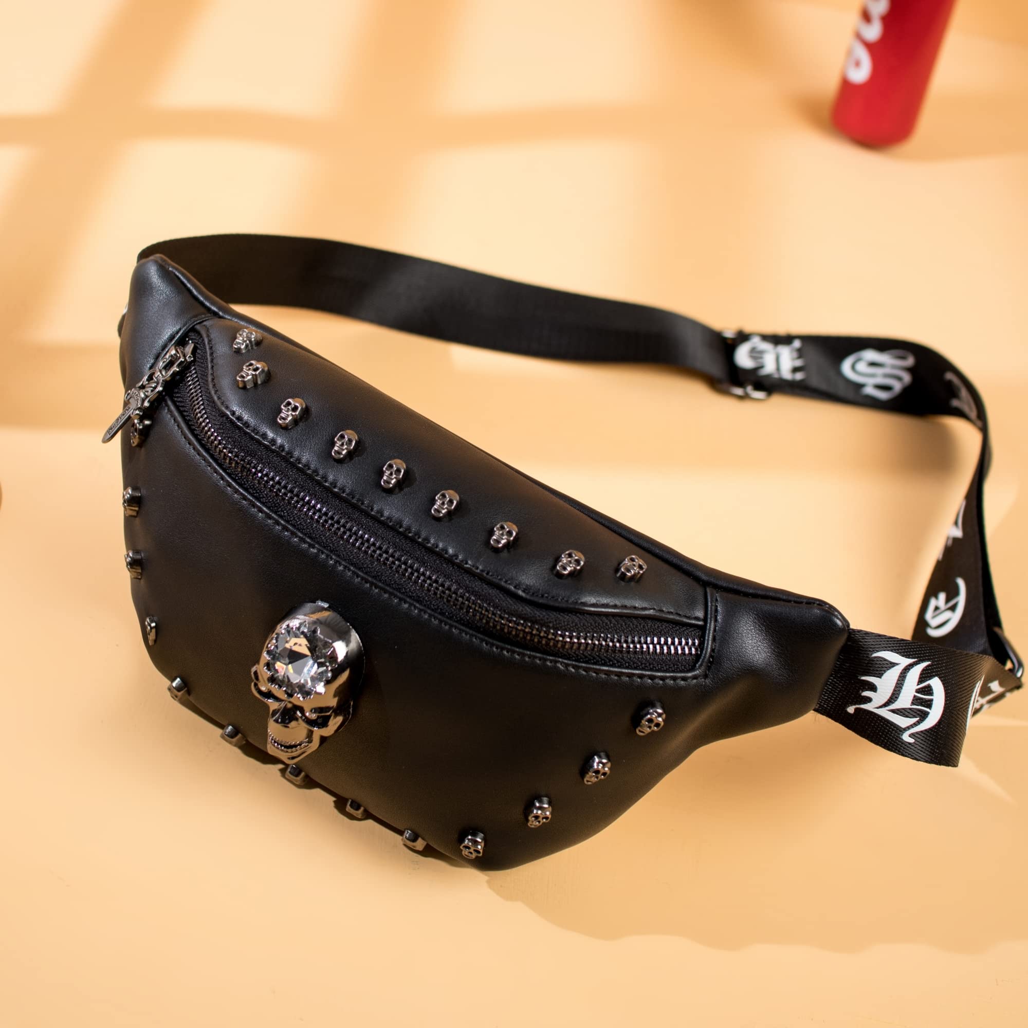 Riñoneras de cuero para mujer, riñonera de cuero a la moda, cangurera negra con diseño de calavera para mujer, bolsa cruzada para cinturón para vacaciones, festivales, viajes, correr, senderismo, 2