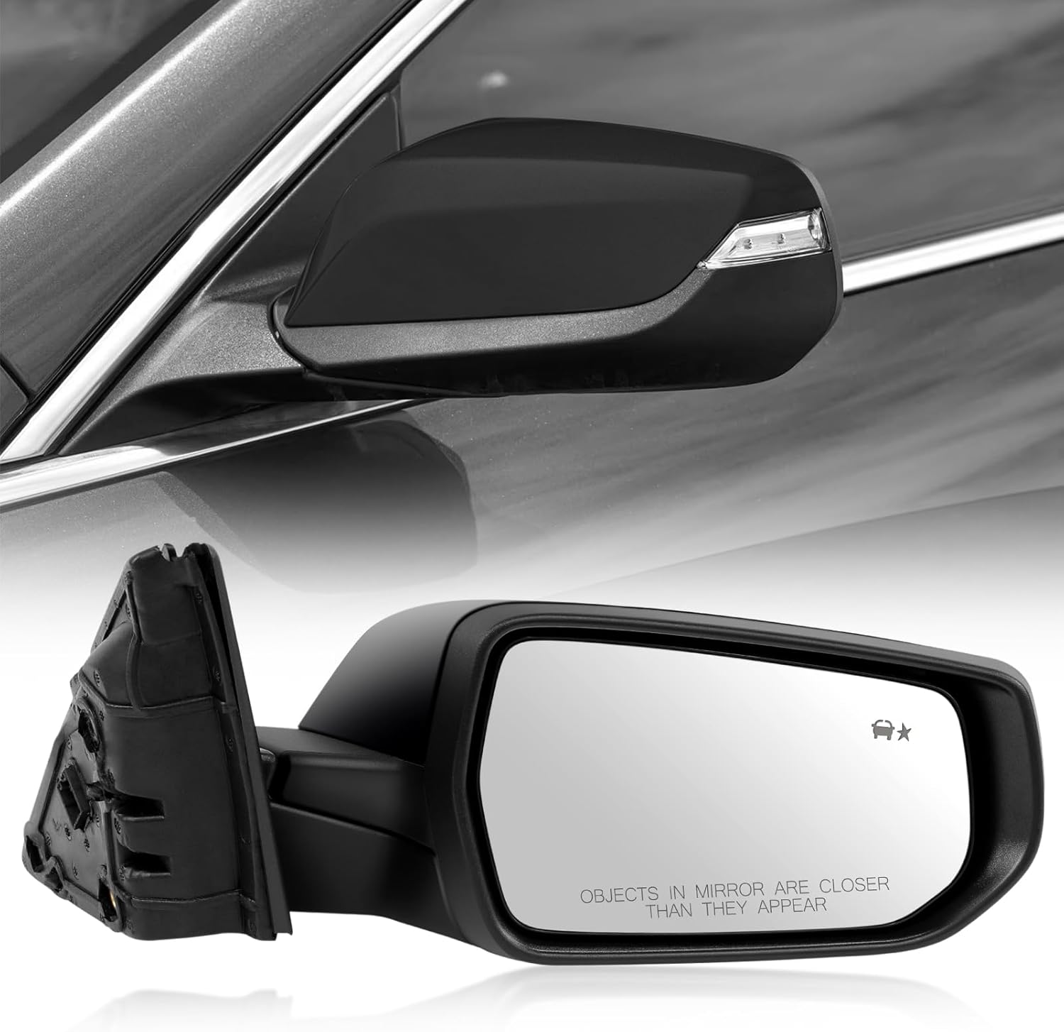 Right Passenger Side Mirror Fit for Chevy Malibu 2016 2017 2018 2019 2020 2021 2022, Rear View Mirror with Blind Spot Detection/Memory/Heated/Turn Signal Light/Manual Folding (12Pins, Gloss Black)