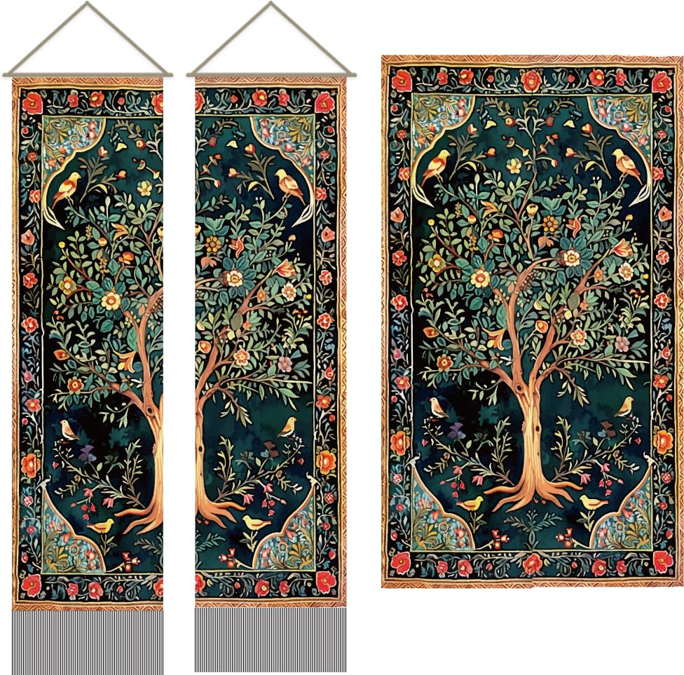AHANDMAKER 2Pcs Tree of Life Tapestry, Vertical Wall Hanging, Tassel Wall Tapestry for Bedroom and Living Room (45.7x13 Inch)