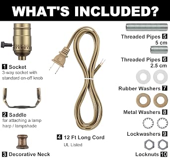 Lamp Making Kit, Lamp Parts for Repair Replacement or Rewire Table and Floor Lamps, 3 Way Socket 12 Foot Matching Cord and Essential Hardware, DIY Lamp Kits for Do It Yourself (Antique Brass)