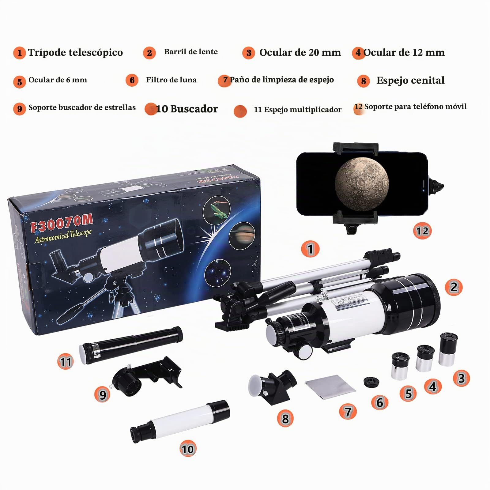 Telescopio astronómico para adultos/adolescentes/niños, 300/70 mm, refractor telescopio, telescopio para principiantes, astrónomos aficionados, con trípode, 3 oculares y adaptador de teléfono