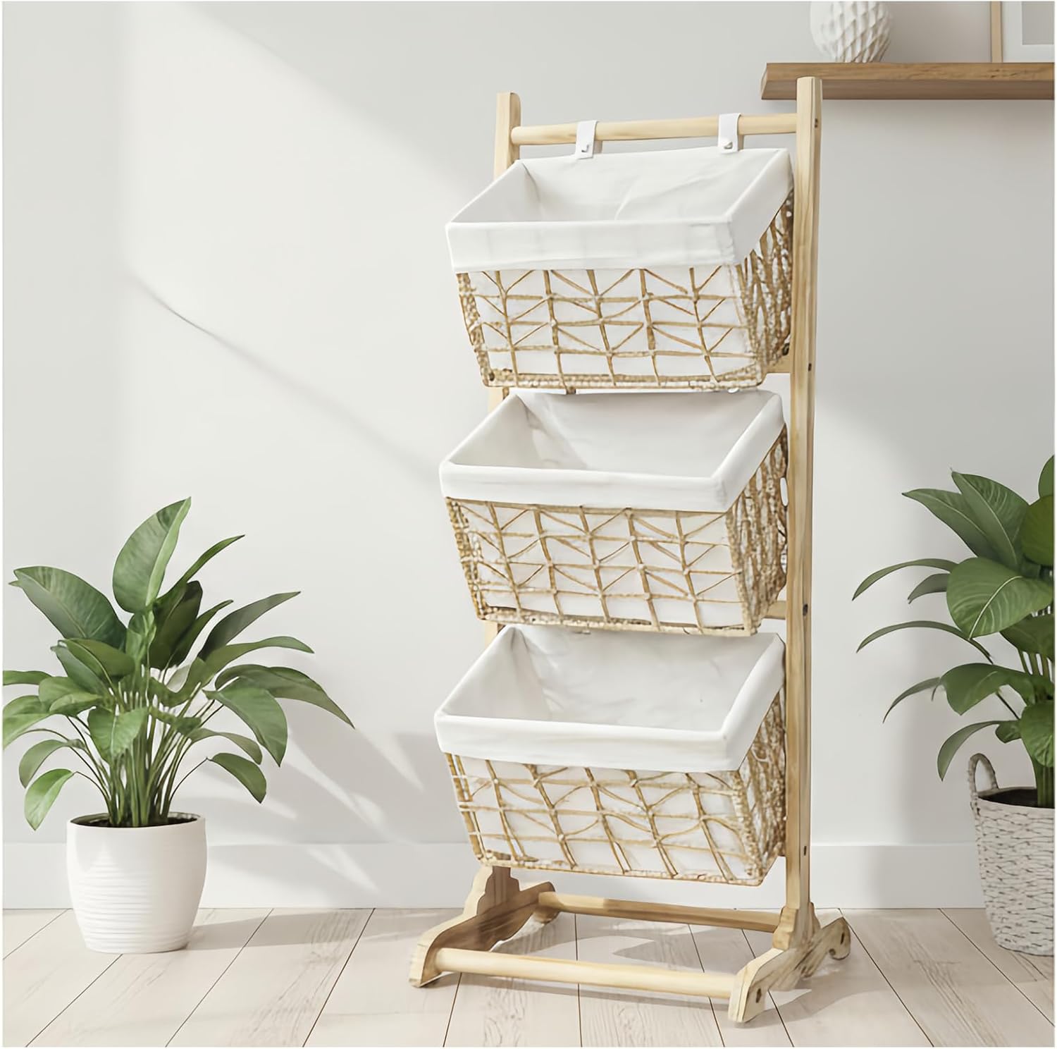 3-Tier basket stand Woven Floor Shelf Stackable Baskets, Multi-story wicker Storage Organizer,Multipurpose Rattan Rack for Bedroom Living Room Kitchen, Holds Toys Books Cans, Bohemian Home Decor