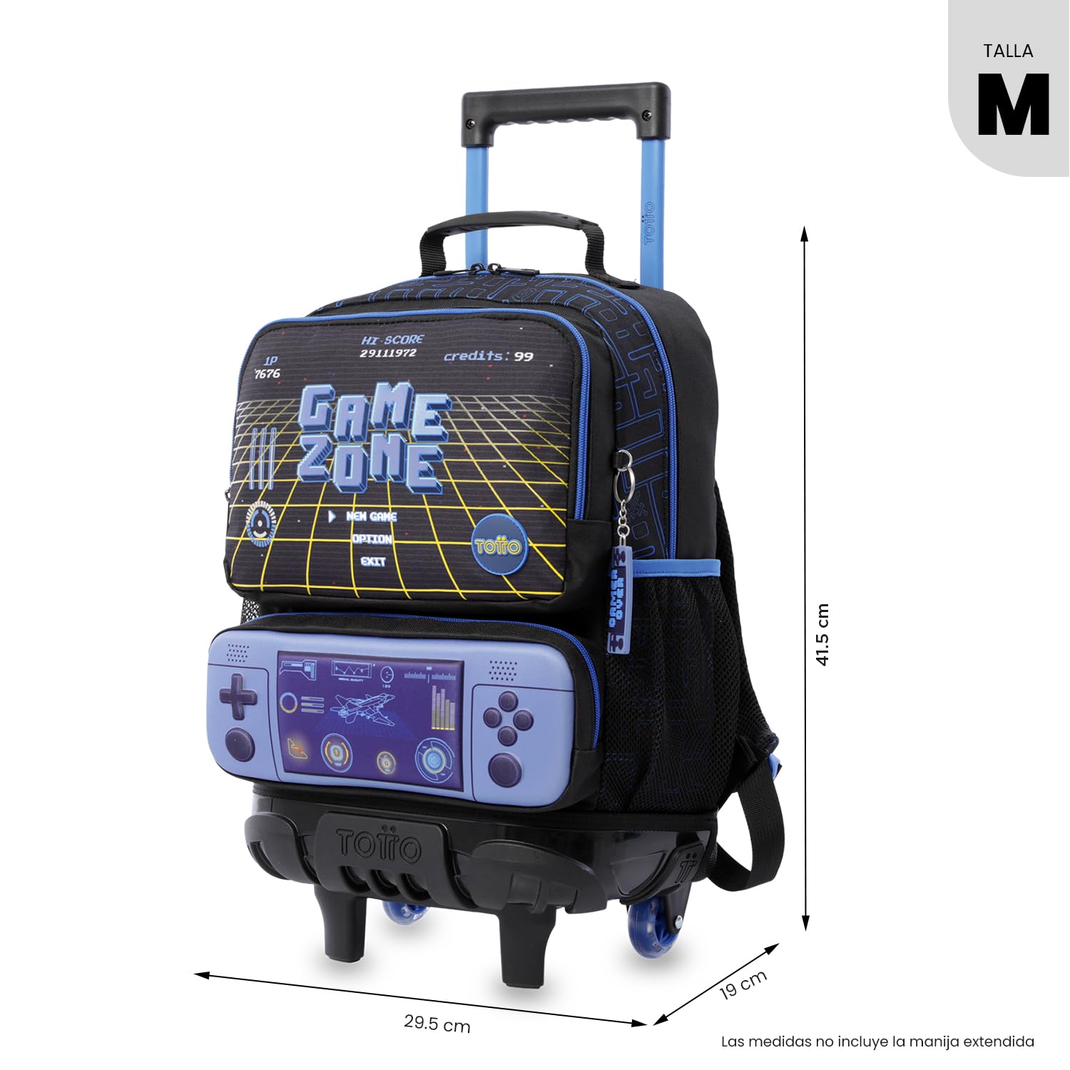 TOTTO - Mochila Escolar con Ruedas, Modelo Vortex M, Mochila Mediana, Capacidad 23 L, Bolsillos Botella, 2 Compartimentos Frontales, Protección en la Base, Correas Ajustables, Estampado Negro
