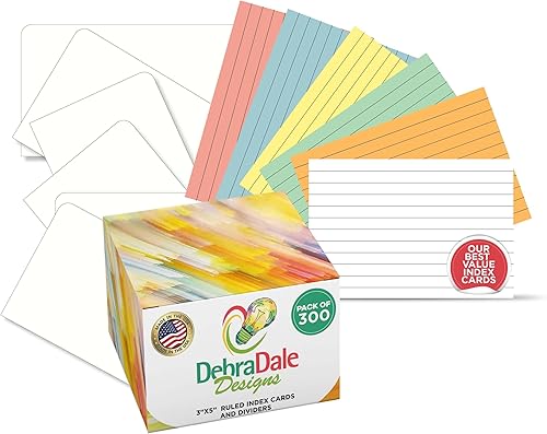 Debra Dale Designs - Tarjetas de índice a rayas, paquete de 300, 3 x 5 pulgadas, 90 libras, 6 tarjetas divisorias incluidas, colores surtidos +