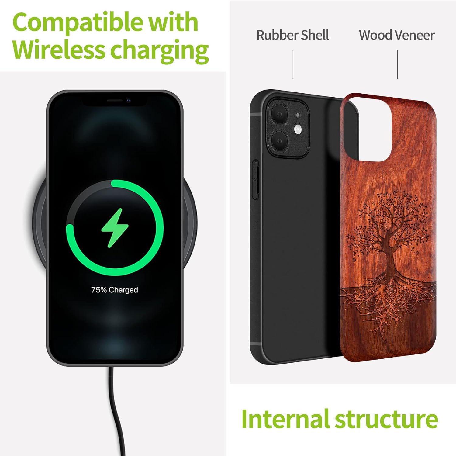 Carveit Magnetic Wood Case for iPhone 12 Case [Hard Real Wood & Black Soft TPU] Shockproof Protective Unique & Classy Wooden Cover Compatible with MagSafe (Tree with Roots- Rosewood)