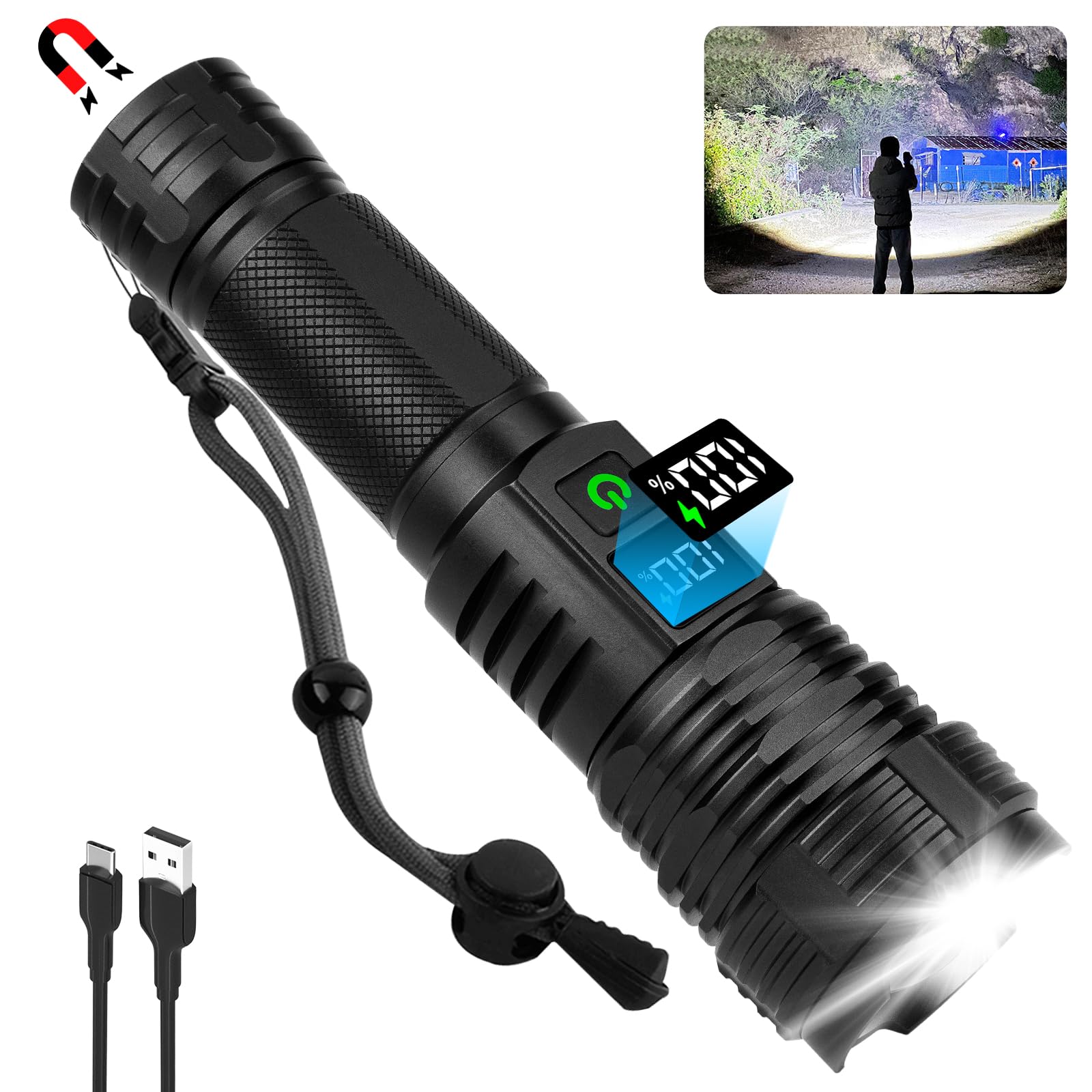 Flashlights High Lumens Rechargeable, 900,000 Lumens Powerful Magnetic Flash Lights, Super Bright Led Flashlight with 5 Modes & Digital Display,Waterproof Flash Light for Camping,Emergencies