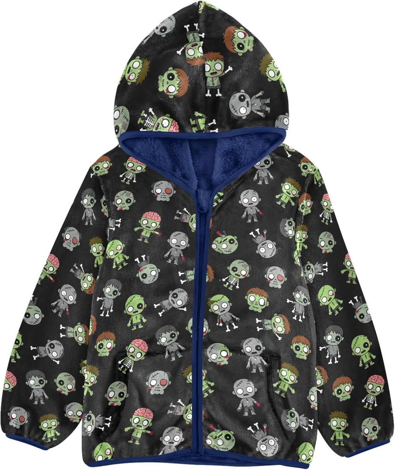 Halloween Zombie Pattern Jackets for Toddler Outerwear Jackets Navy Blue Baby Boys Hoodie