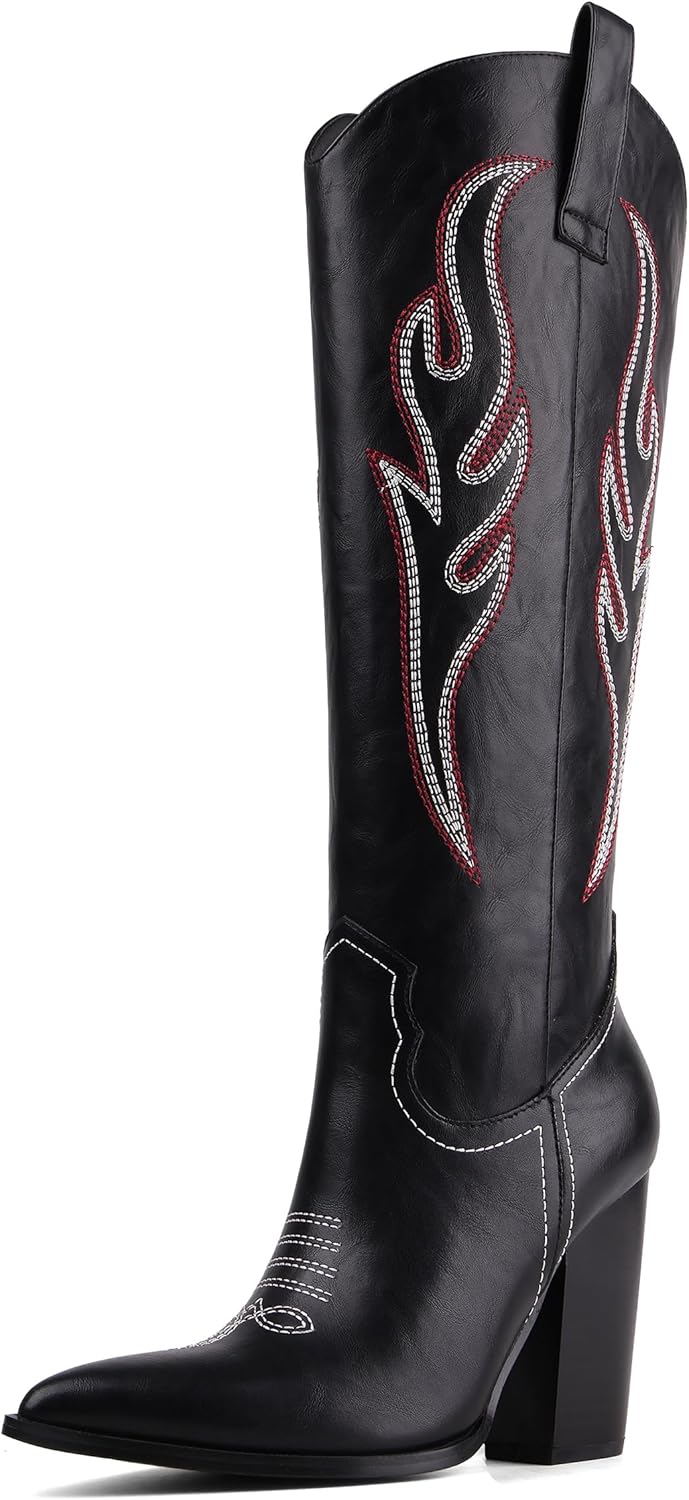 Celbreez Cowboy Boots for Women Cowgirl Boots Women Suede Knee High Boots Rhinestones Embroidered Western Boots Pointed Toe Chunky Heel Side Zip Festival Country Concert Shoes