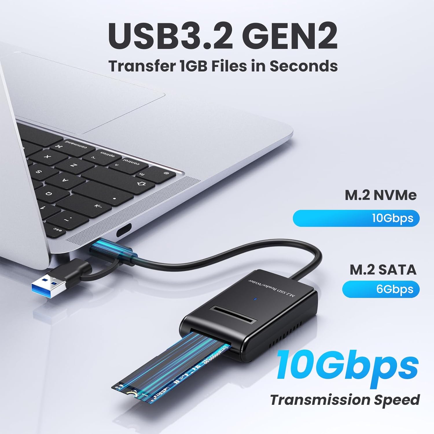 M.2 NVMe&SATA Reader ,M.2 SSD to USB A C Reader Adapter for (M Key, B+M Key) NVMe and SATA NGFF SSD Drives Dock Full Size 22110/2280/2260/2242/ 2230 Portable Plastic Enclosure