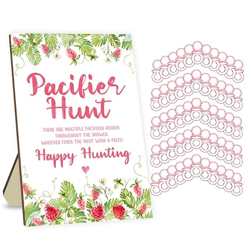 Juego de caza de chupetes para bebé, juego de juegos de baby shower, tablero de caza de chupete de fresa y 50 mini chupetes acrílicos rosados,
