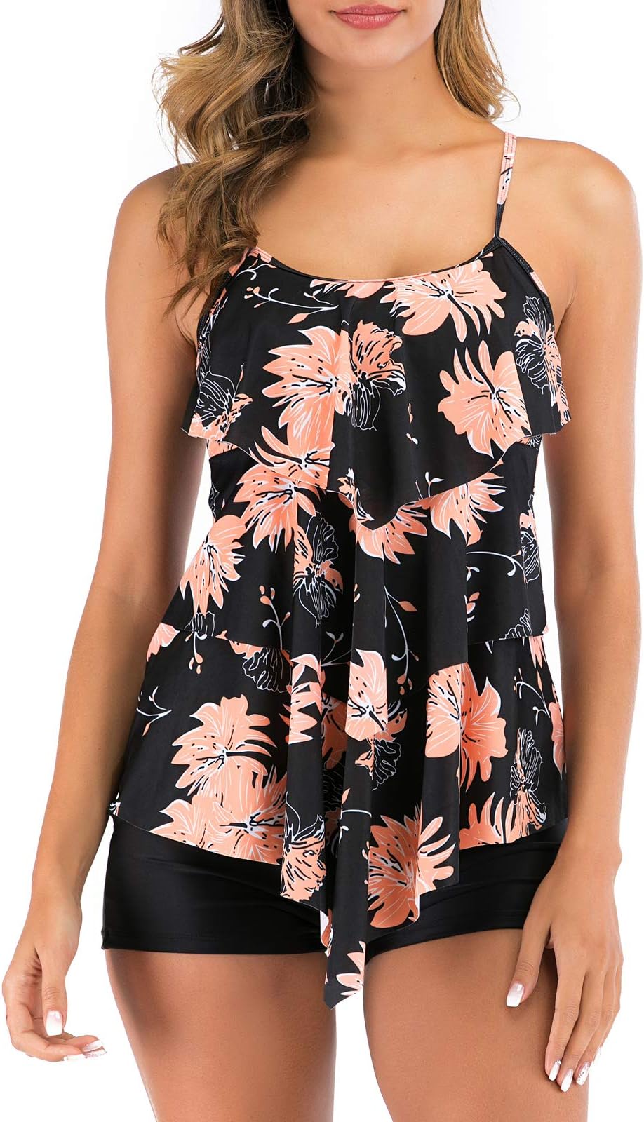 Women 2 Piece Tankini Swimsuits Flounce Printed Top with Boyshorts Plus Size Swimwear Bathing Suit