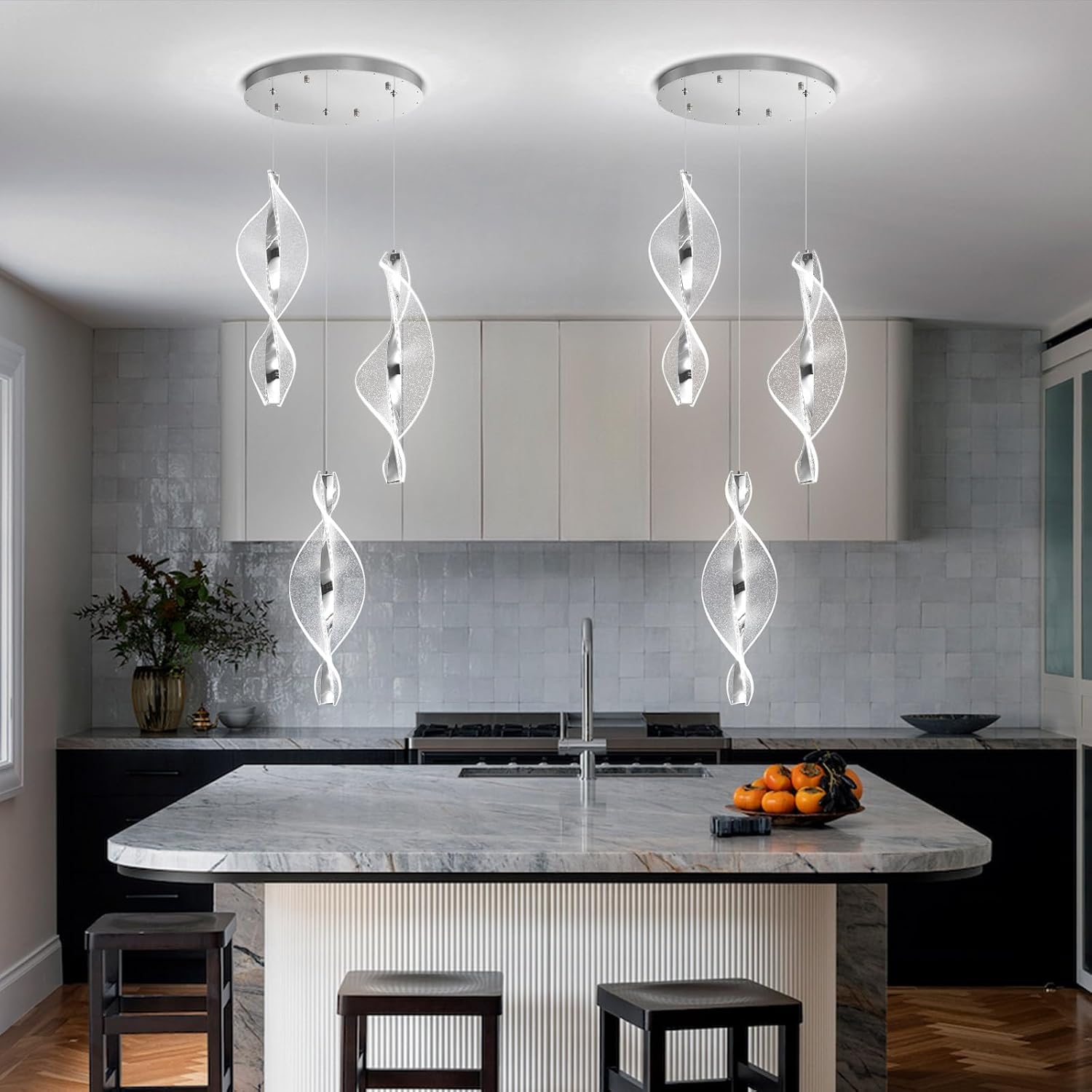 3 Lights Modern Pendant Lighting LED Dimmable Chandelier for Kitchen Island Dining Room Living Room Acrylic Silver