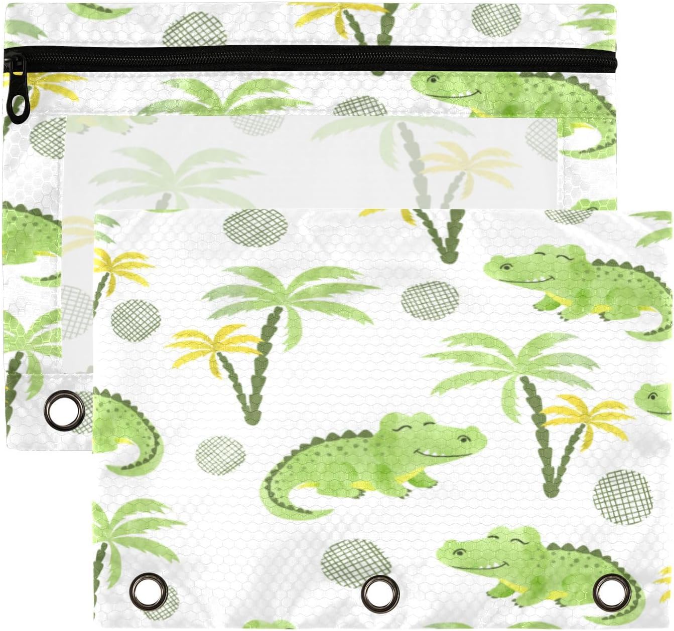 2 Pack Binder Pencil Pouch 3 Ring Zipper Clear Window Pen Case Big Capacity Cosmetic Bag Storage Container for Storing School Office Supplies Watercolor Crocodiles