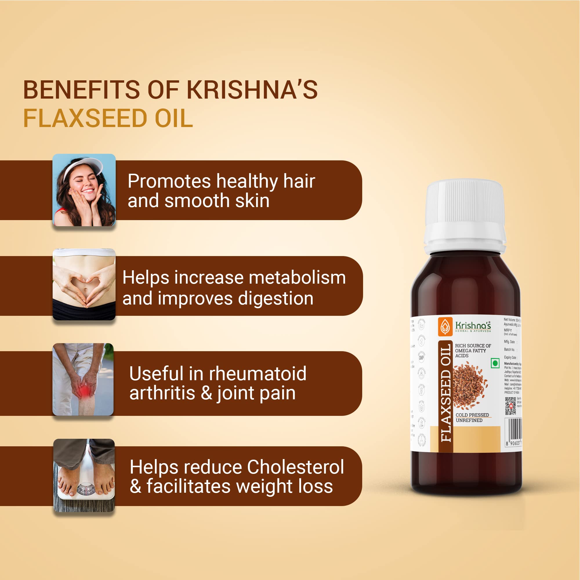 Krishna's Flaxseed Oil (50 ml) | Virgin Cold Pressed Flex seed oil | Rich in Omega 3-6-9 | Made in Kachi Ghani | No Added Preservatives - Image 4 thumbnail