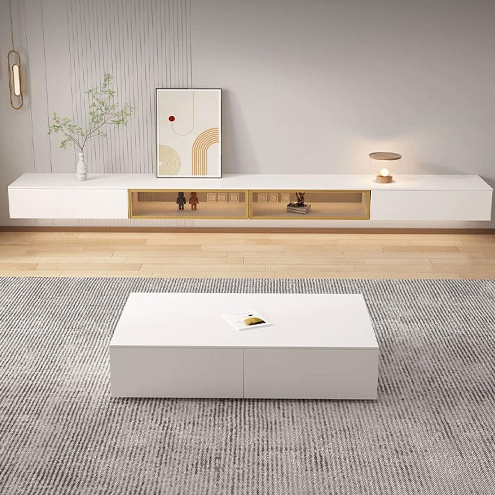 Modulo TV Soporte flotante simple y moderno for TV montado en la pared con puerta abatible de vidrio y cajones, centro de entretenimiento moderno de alto brillo de 78,7 ''/86,6 '' for debajo del telev