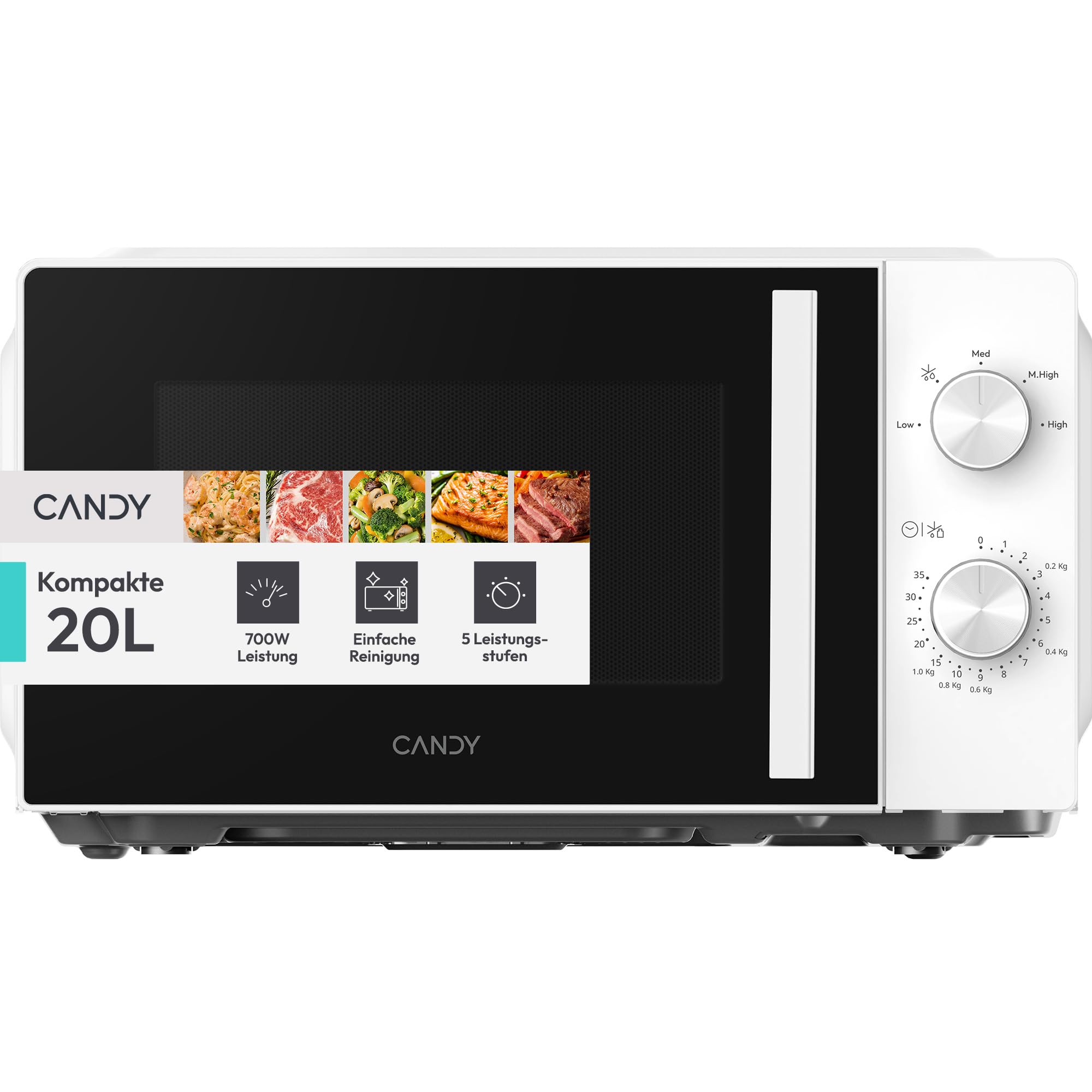 Candy Mikrowelle freistehend bis 700 Watt, Mikrowellengerät mit Drehteller, 5 Leistungsstufen, 20 Liter, manuelle Drehreglersteuerung, Auftaufunktion, leicht zu reinigen, weiß