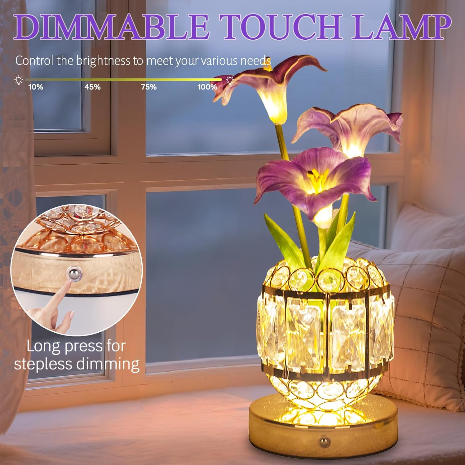 Flower Table Lamp, 3-Color Dimmable Artificial Flowers Night Light, Rechargeable Cordless Small Desk Lamp, Morning Glory with Crystal Vase for Party Date Home Decoration (Purple - Morning Glory)