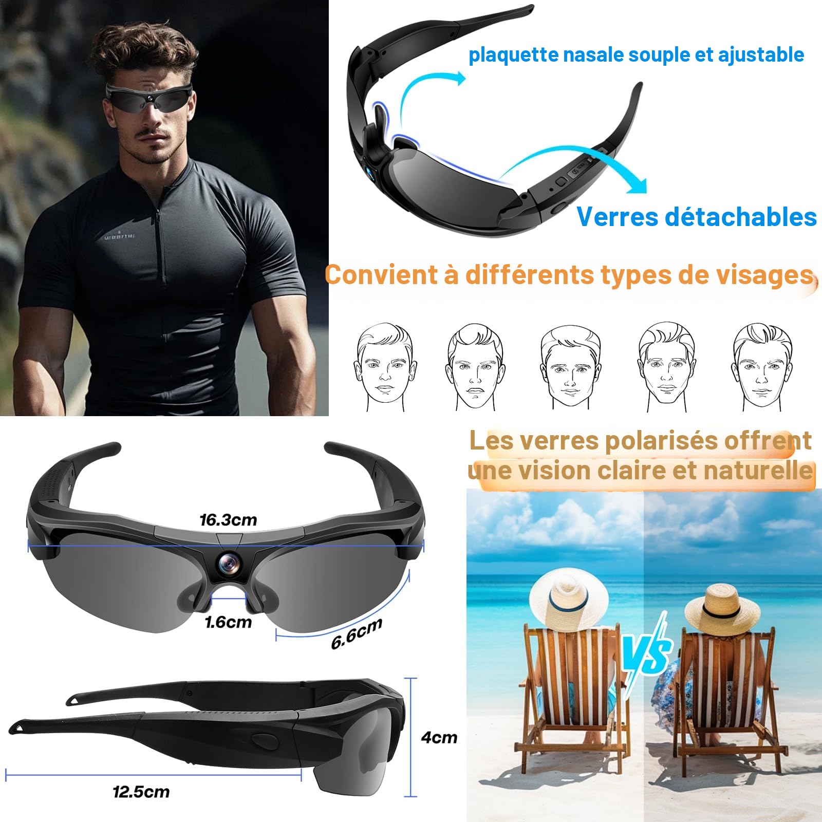 Lunette Camera 4K WiFi Grand Angle, Polarisé pour Sport & Aventure | 100min batterie, 256GB SD, enregistrement en boucle, lentilles polarisées UV, étui inclus