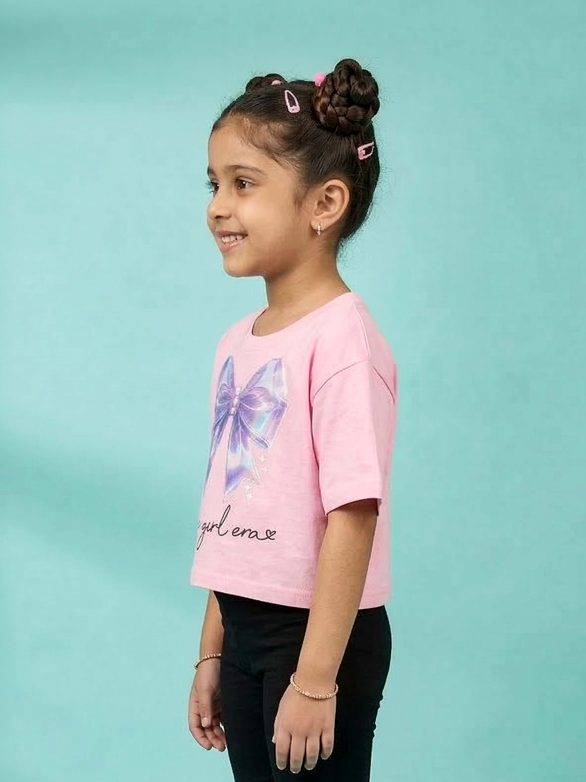 KiddoPanti Girls Cotton Bow Graphic Printed Drop Shoulder Tshirt, Baby Pink Bow - 4-6Y 4