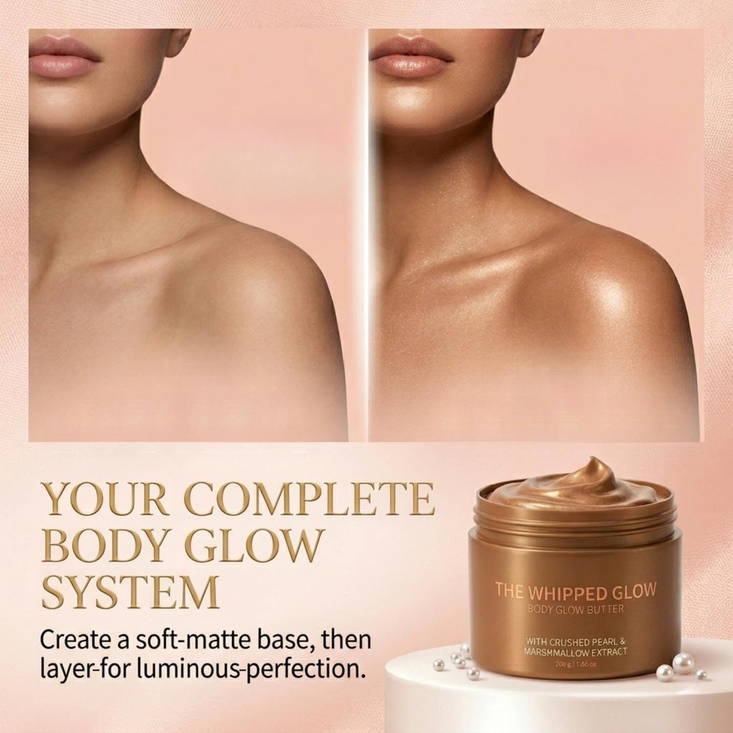 Whipped Glow Burro per il corpo, idratante e scintillante, con perle schiacciate ed estratto di cibico, per una pelle morbida, liscia e luminosa, leggero (2 pezzi)