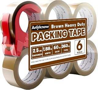 Brown Packing Tape 6 Rolls Heavy Duty Packing Tape with 1 Dispenser - 2.5mil x 1.88" x 60Y Strong Adhesive Packaging Tape for Carton Sealing, Shipping, Mailing & Storage